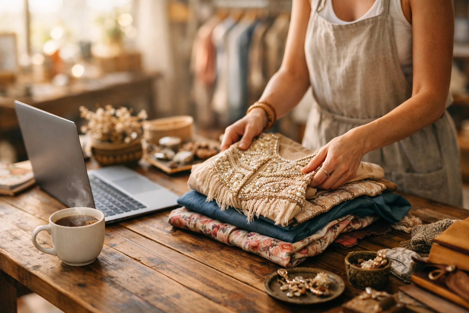 Online seller organizing inventory in a studio to reconcile 1099-K income for taxes.