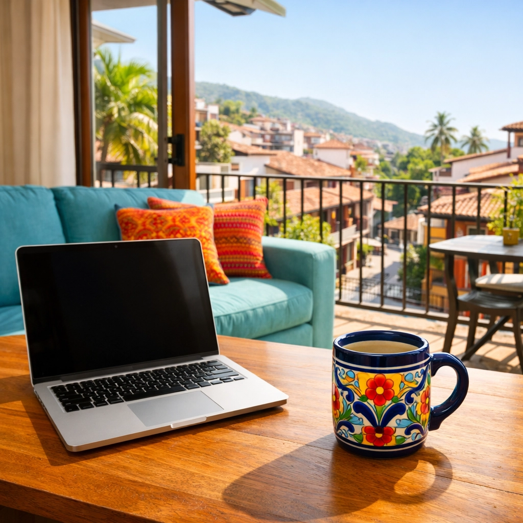 Digital nomad desk with a laptop and local Mexican decor in a Puerto Vallarta condo overlooking Zona Romantica.