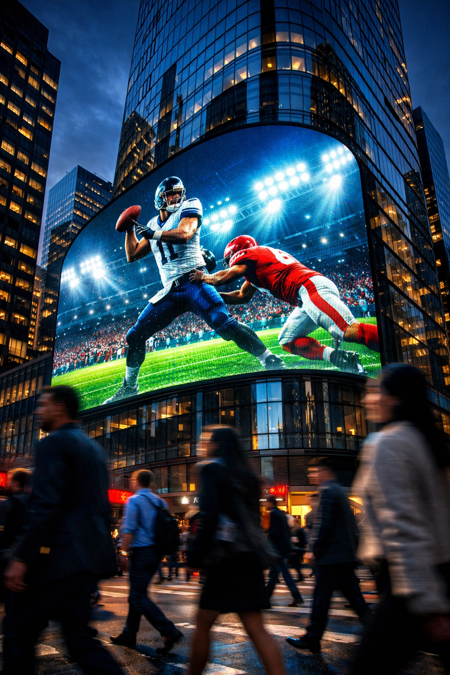 Massive digital billboard on a skyscraper displaying a football game, showcasing Super Bowl DOOH advertising in a city.
