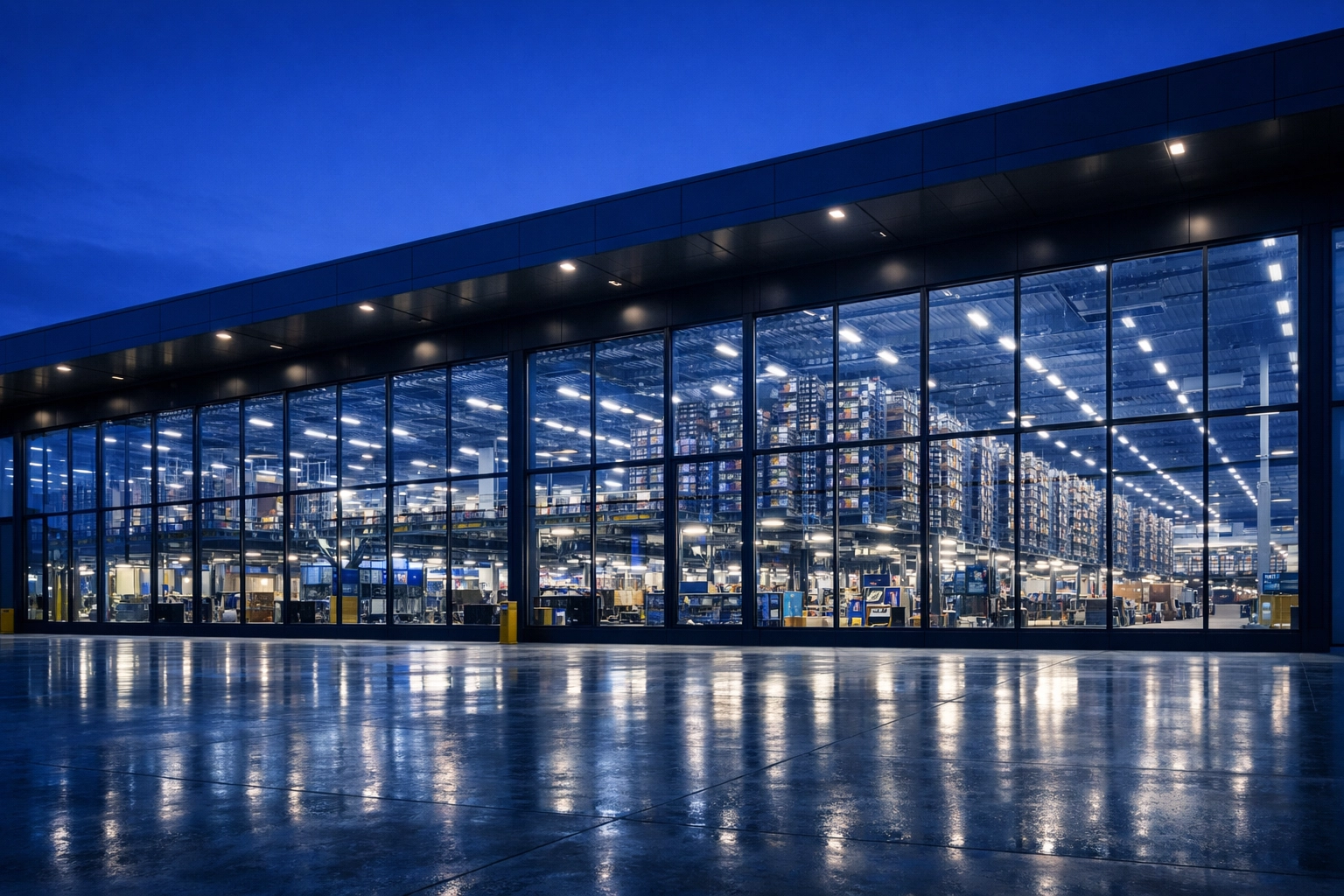 Modern ecommerce fulfillment center at twilight showcasing secure evening warehouse operations.