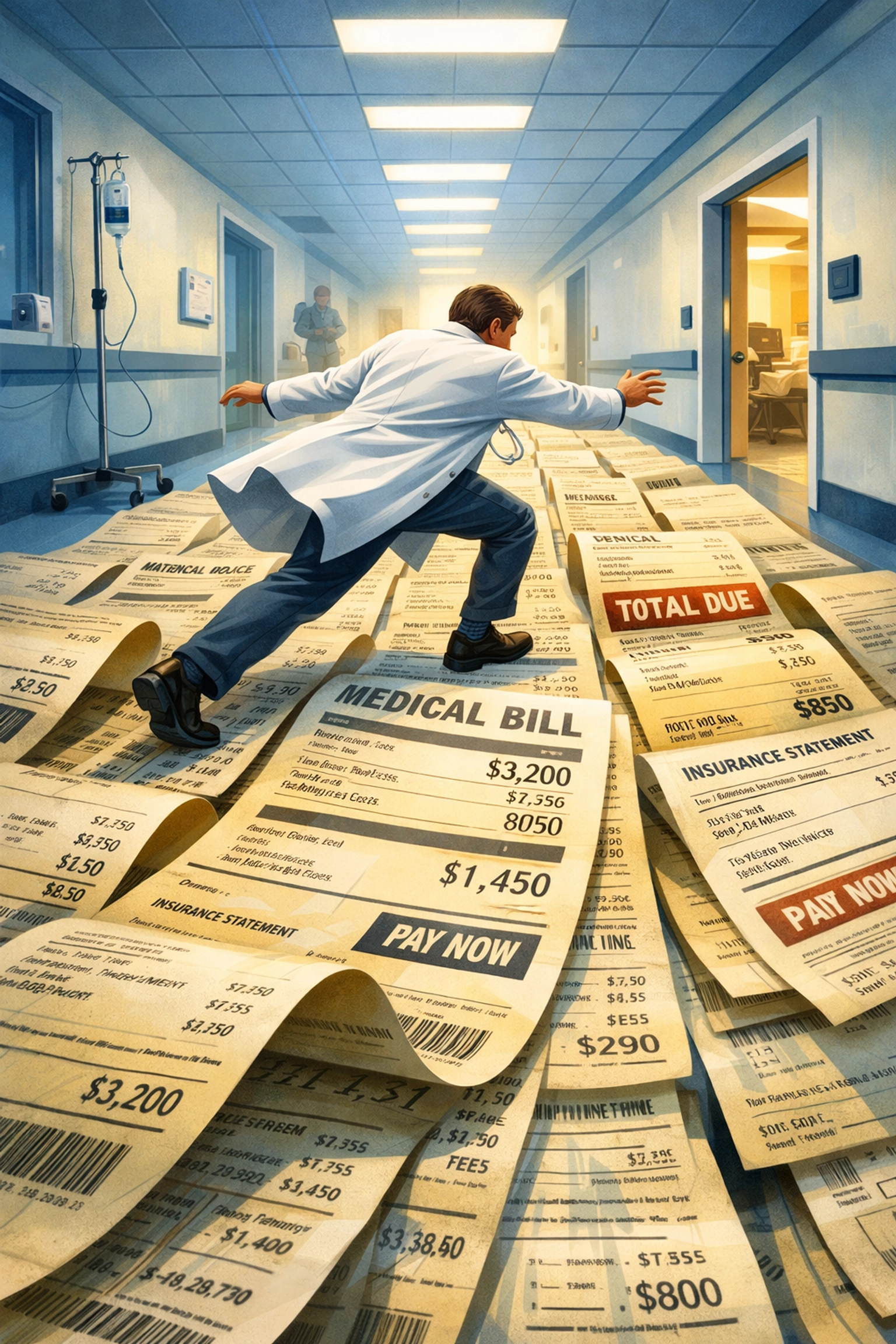 Hospital hallway floor of medical bills, illustrating medical debt and rising health care costs
