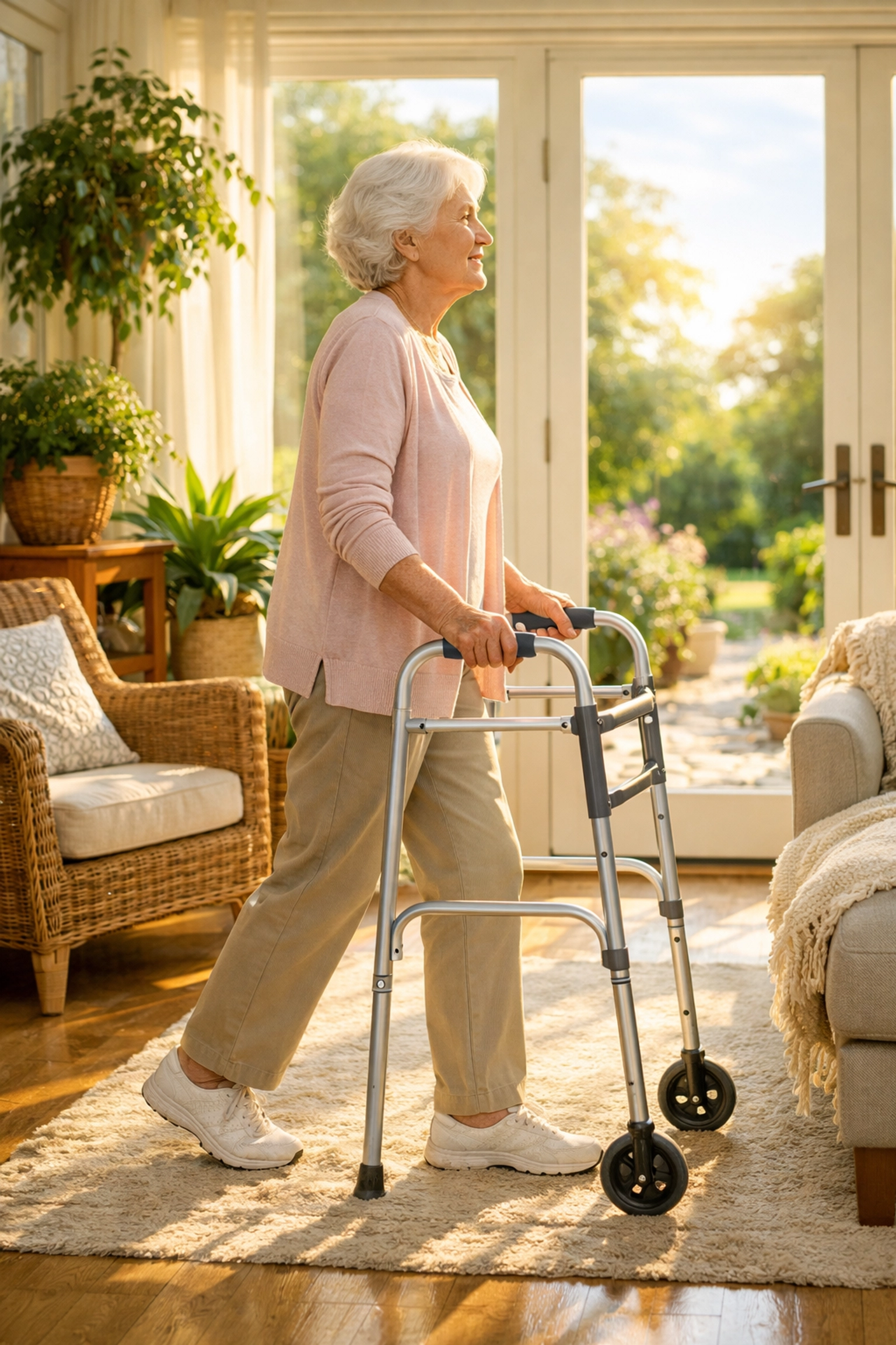 Senior woman walking with proper upright posture while using a walker for safe indoor mobility.