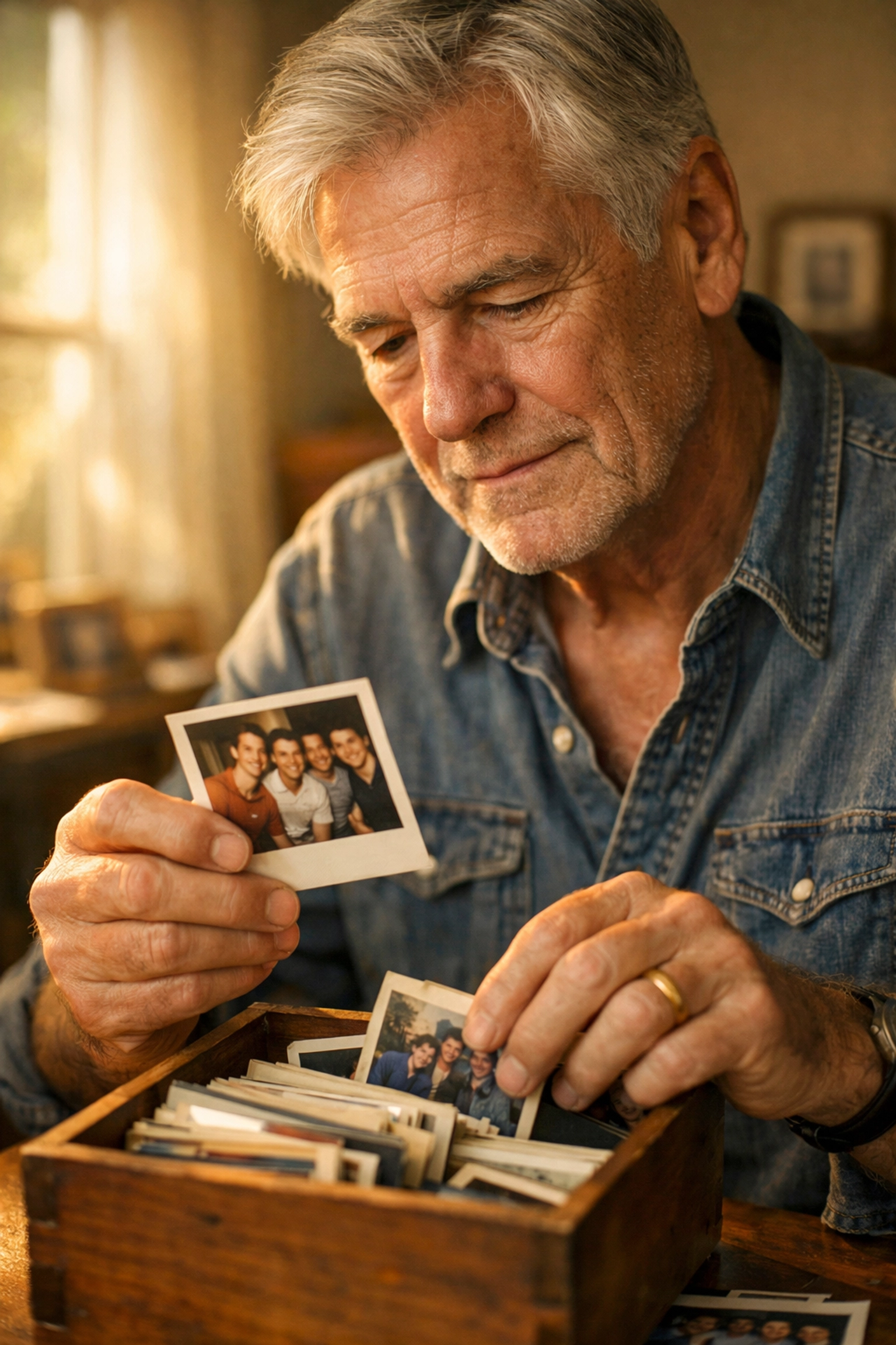 An older gay man looks at vintage photos, illustrating the real-life history behind gay historical romance and queer fiction.
