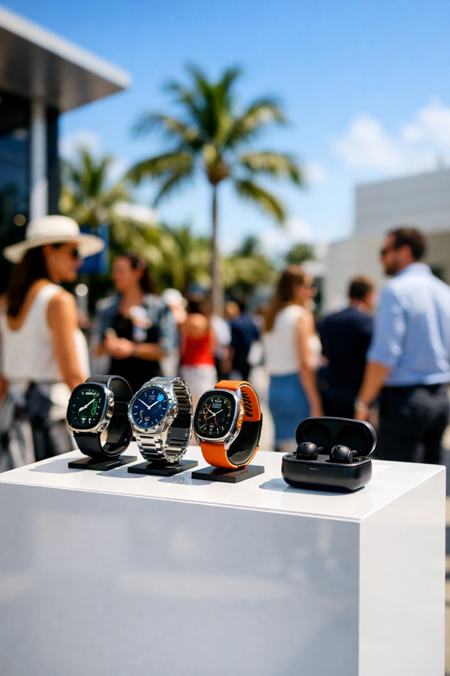 Brand photography in Miami for a product activation booth featuring modern displays and palm trees.