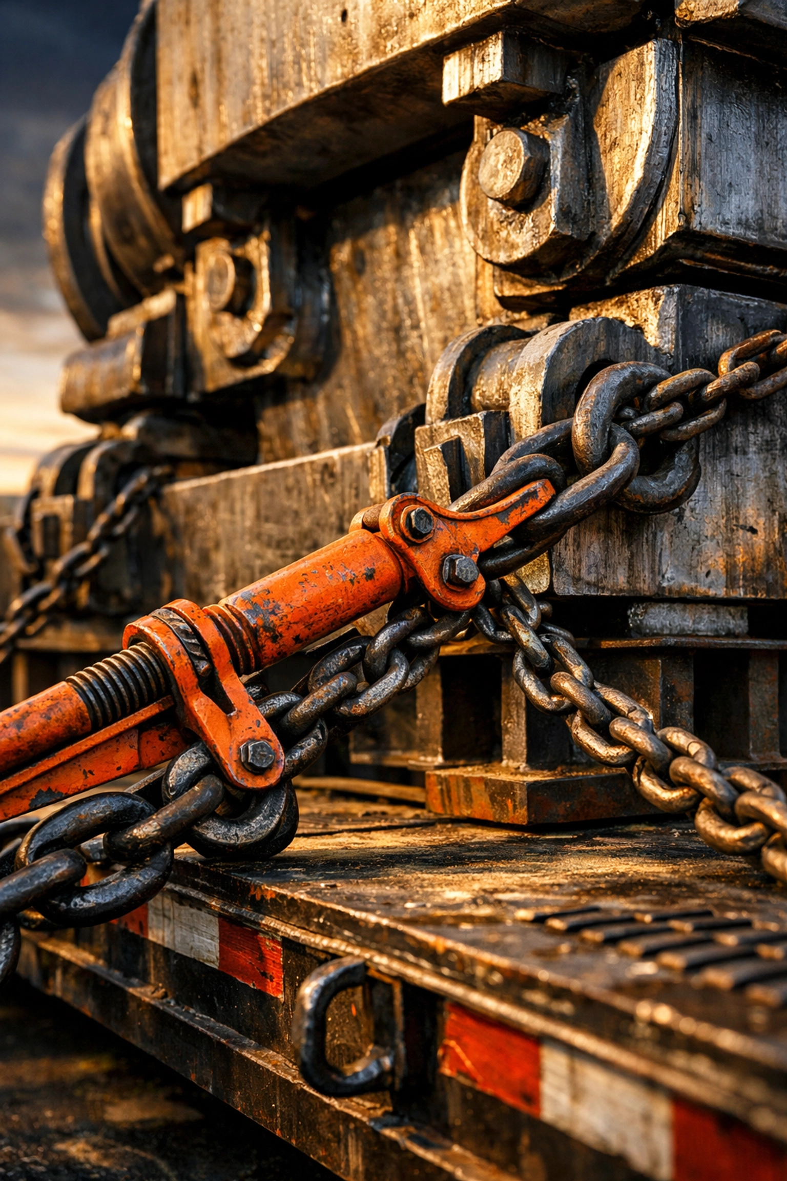Industrial shipping chains and binders securing heavy machinery to a flatbed truck for safe transit.
