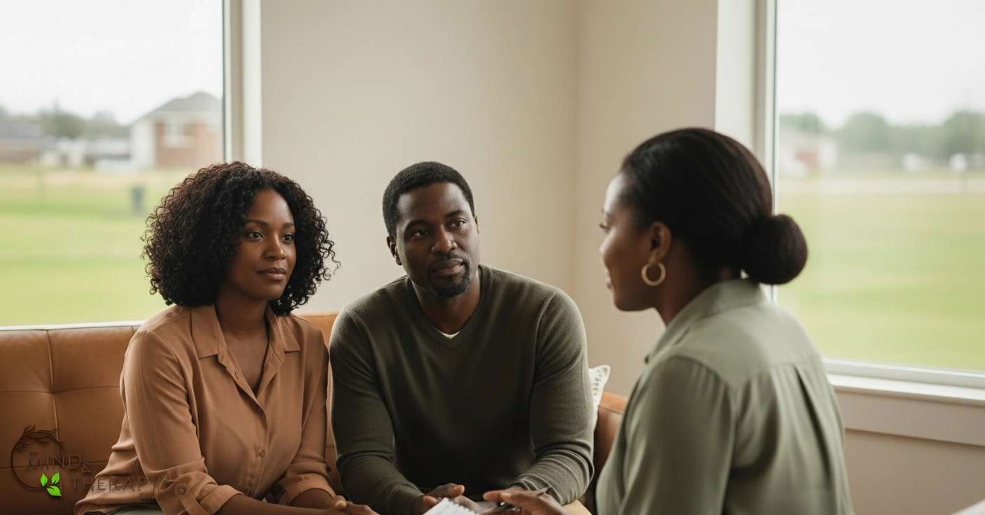 A diverse Black family sharing a warm moment together with soft lighting; The Mind and Therapy Clinic official logo in the corner