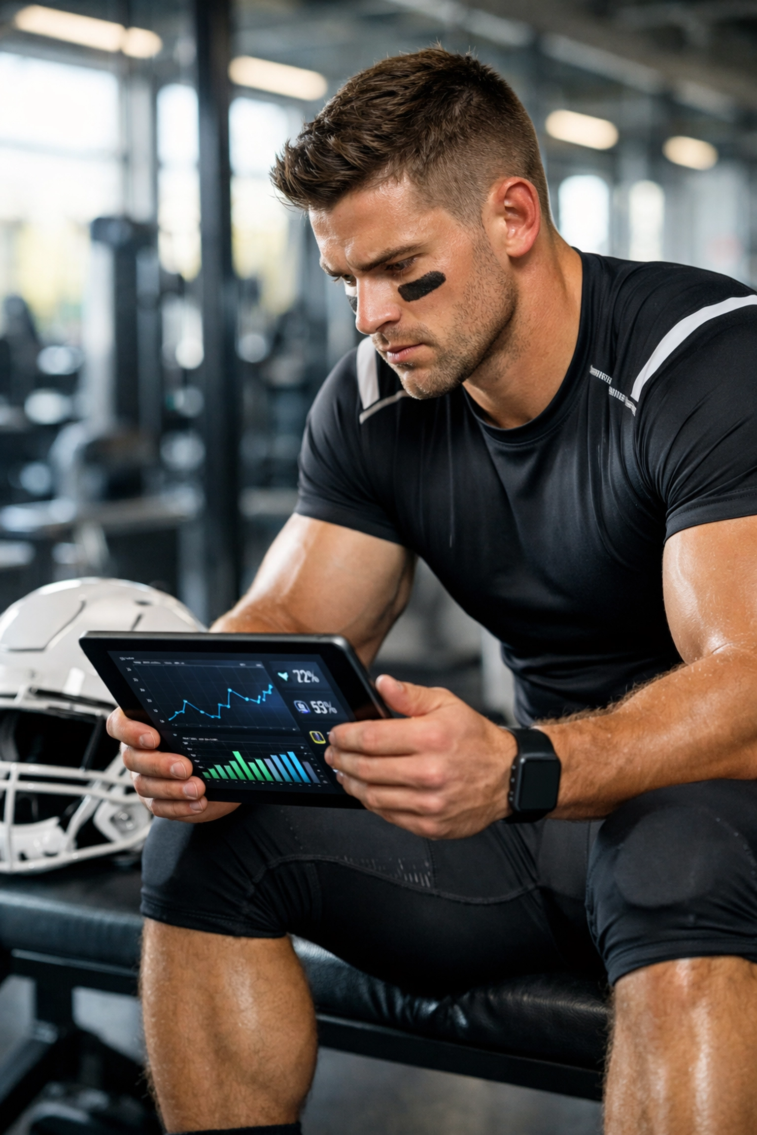 Collegiate athlete reviewing branding data on a tablet, bridging college sports and professional marketing.