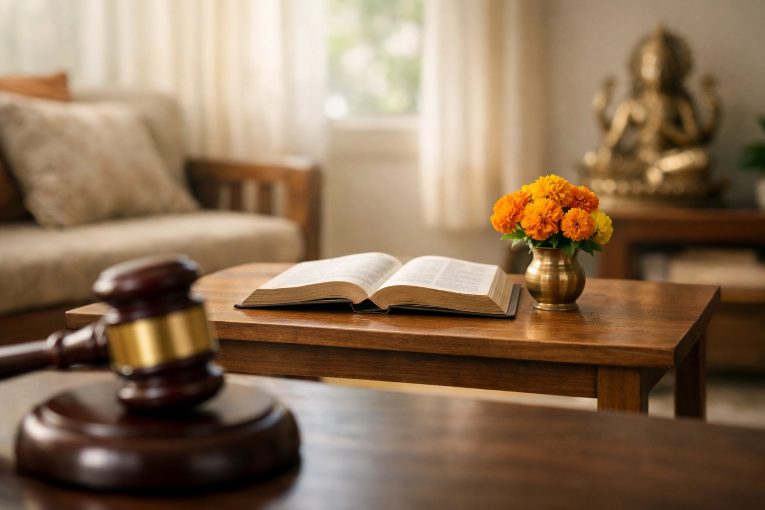 A wooden gavel in front of a peaceful Indian home with an open Bible, representing legal protection for private prayer.