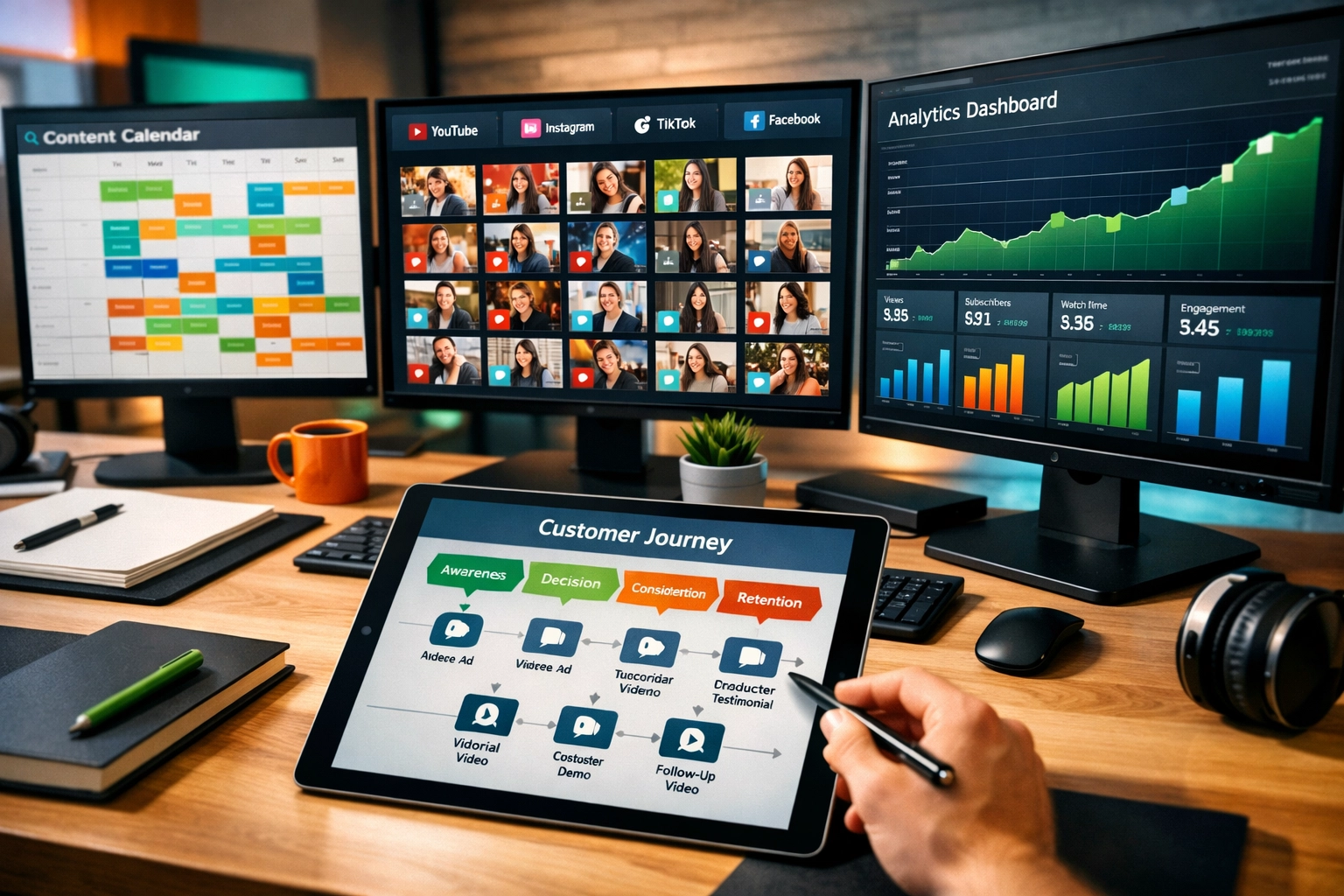 Video content calendar and analytics dashboard showing multi-platform distribution strategy