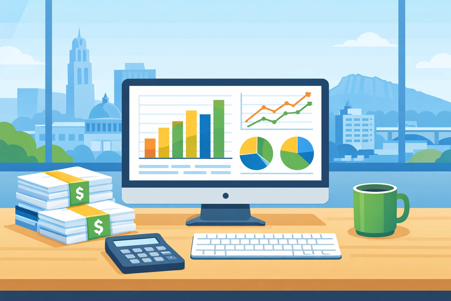 Small business office in New Haven with financial charts for tax planning and analysis