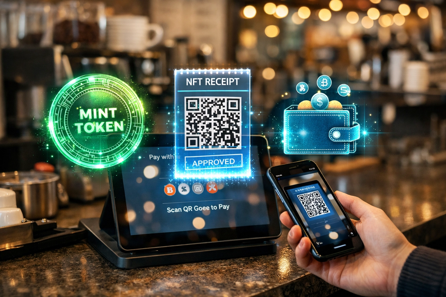 Small business crypto POS system showing instant payment process with NFT receipt and receivables token minting