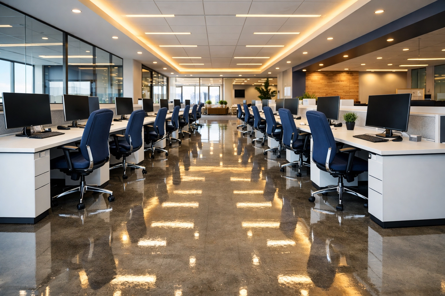 Wide view of a pristine suite after professional office cleaning in Bedford featuring reflective floors and workstations.