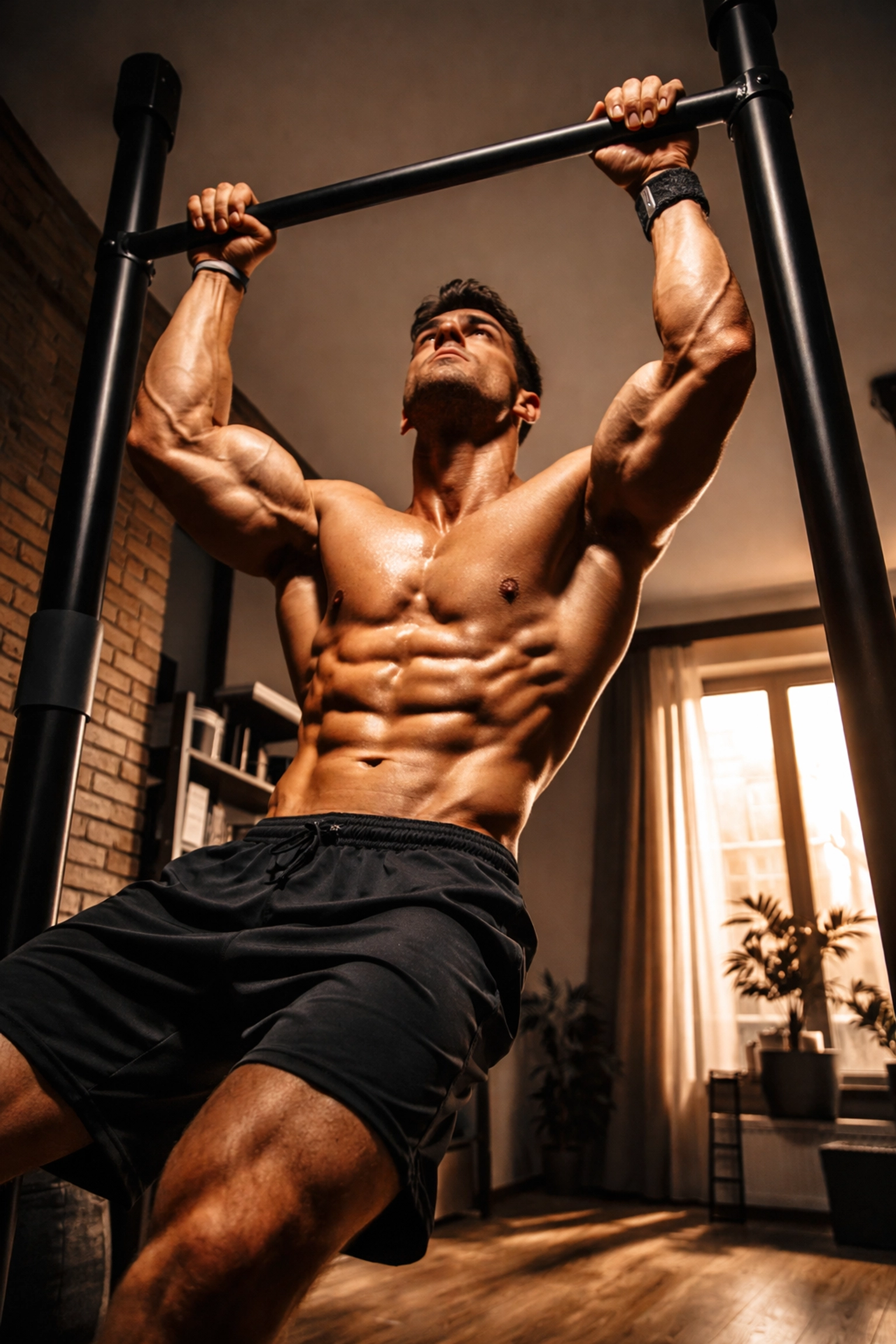 Muscular athlete performing a pull-up on a floor-to-ceiling home gym bar in a modern apartment setting