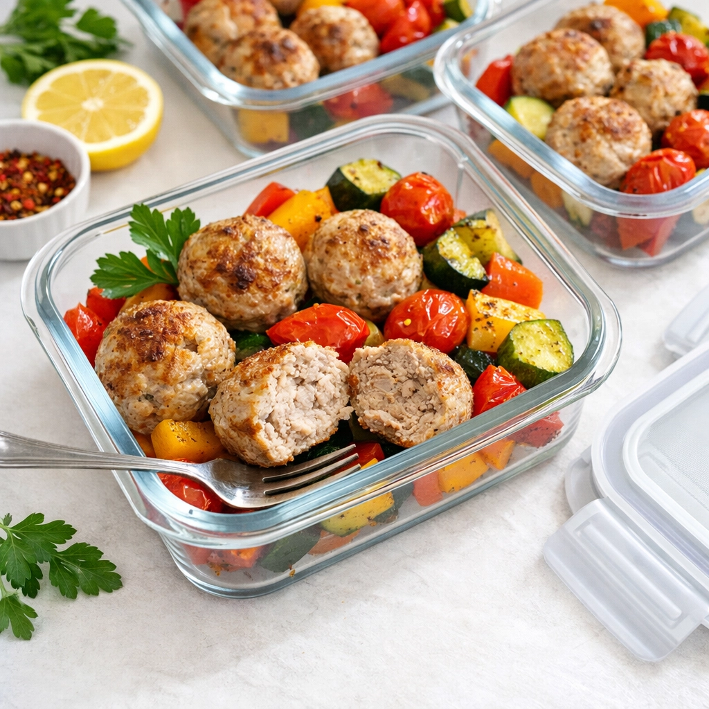 Turkey meatballs meal prep containers with roasted vegetables for weekly dinners