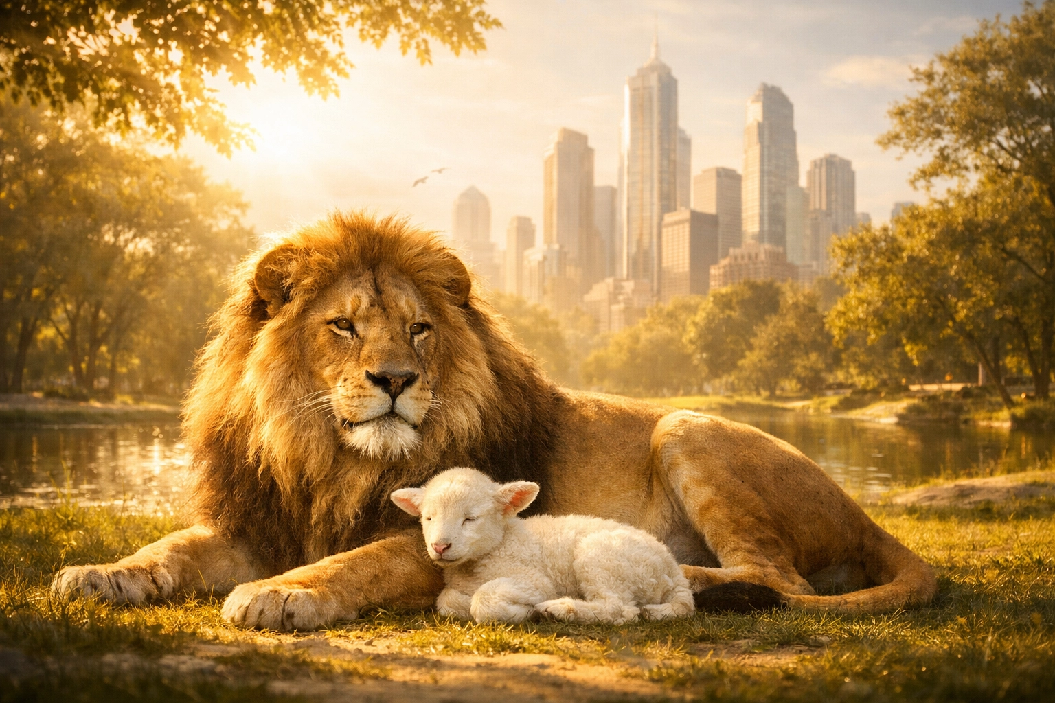 A lion and lamb together in an urban park, reflecting the biblical vision of the peaceable kingdom.