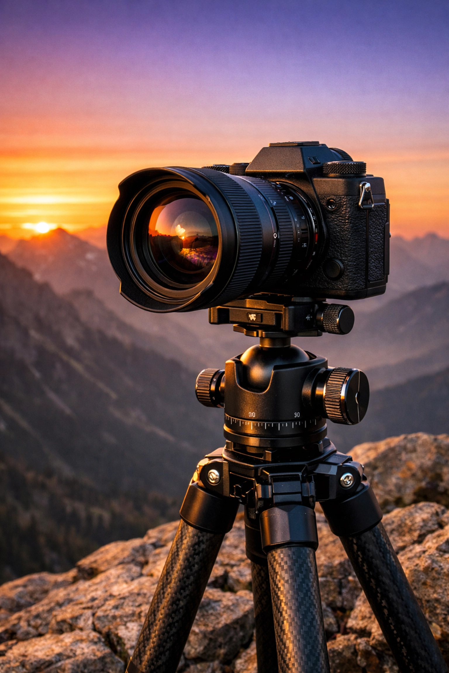 Professional mirrorless camera on a tripod capturing landscape photography tips at sunset.