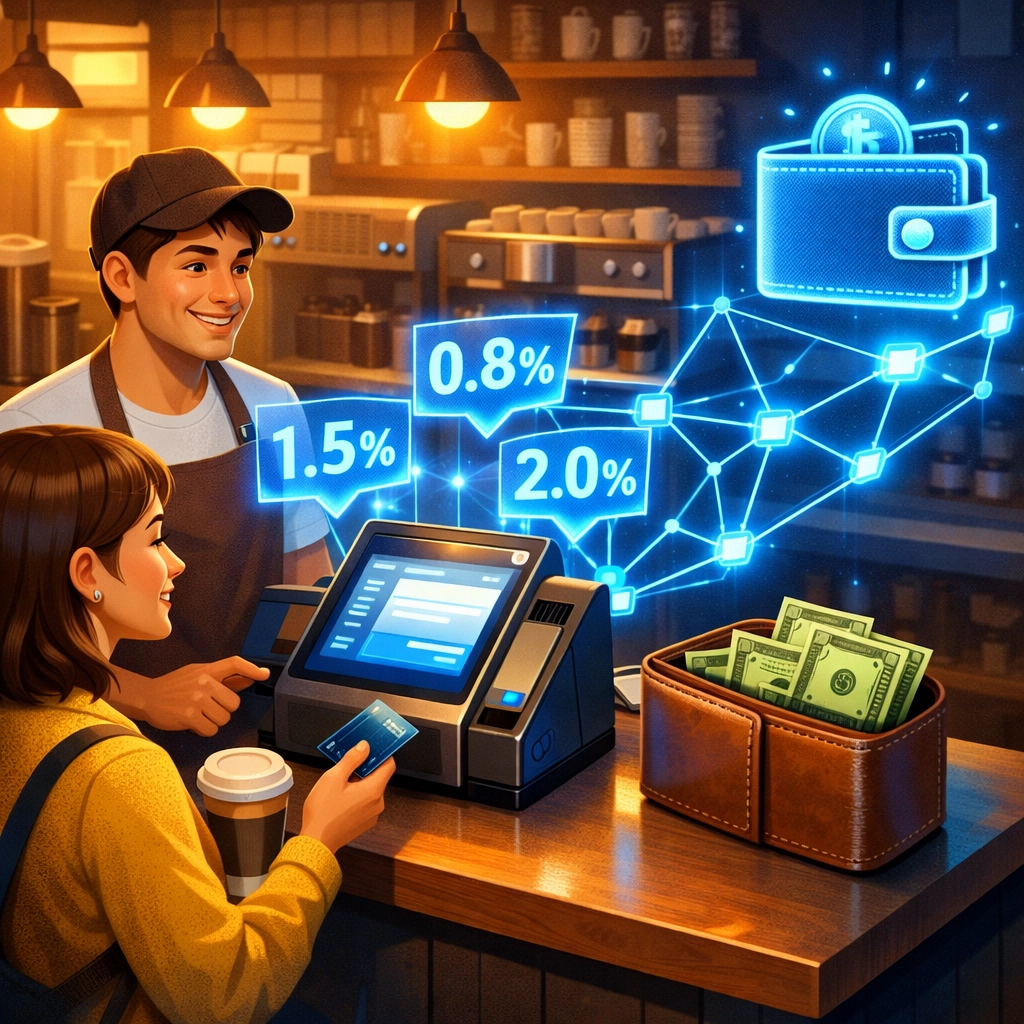 Small business accepting crypto payments with blockchain-connected POS terminal and wallet
