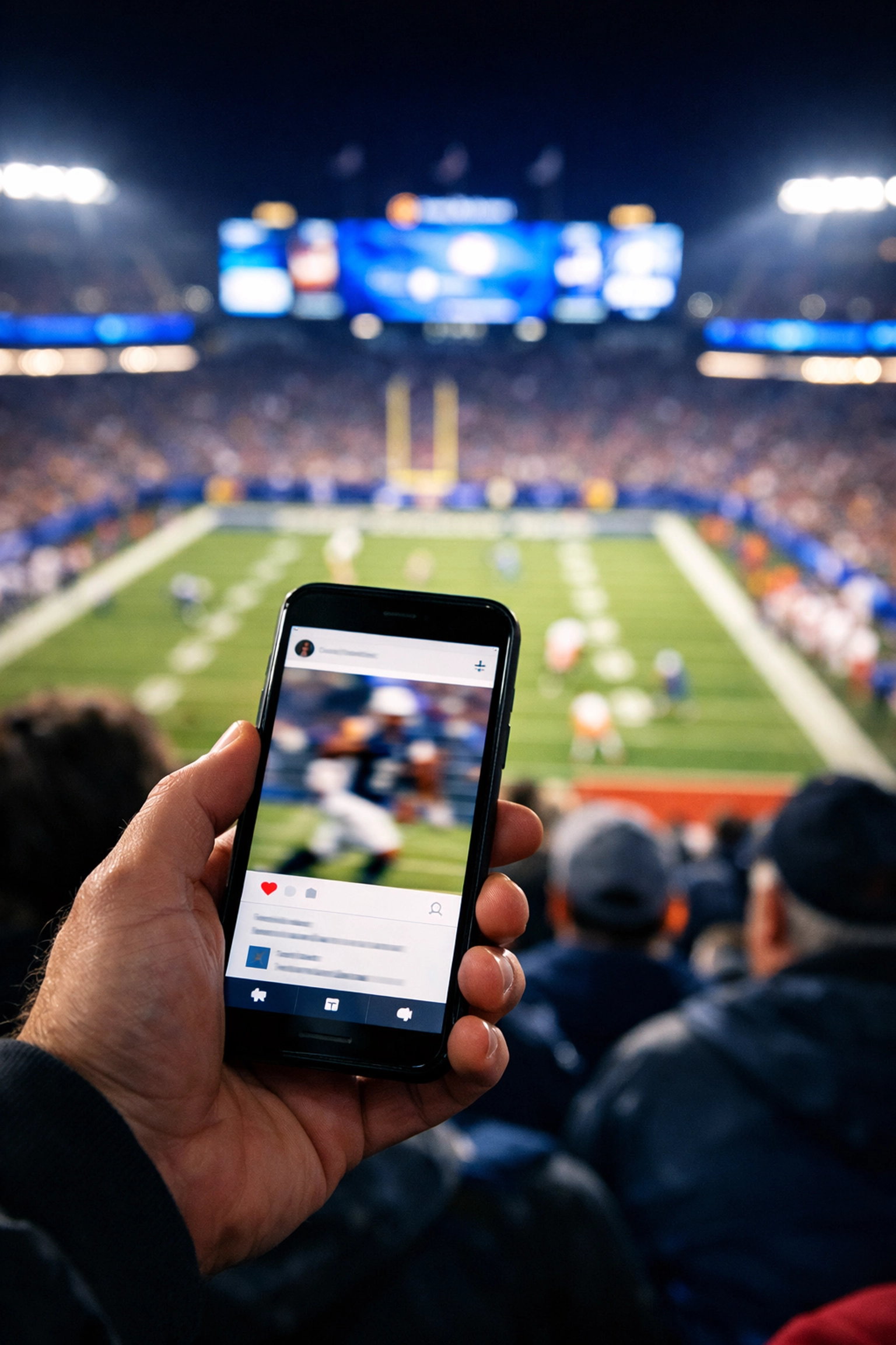 Sports fan in a stadium viewing student-athlete NIL content on a smartphone during a game.