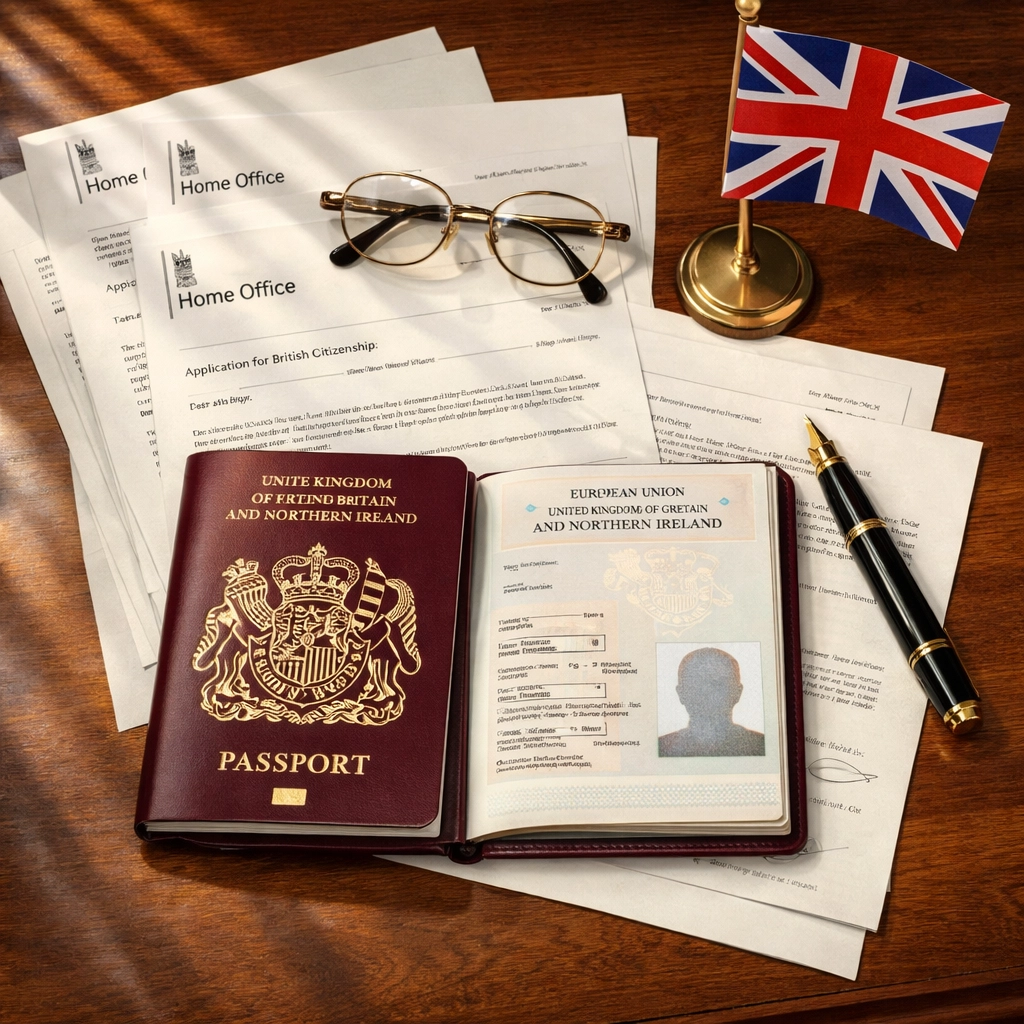 British passport and citizenship application documents on desk for naturalisation