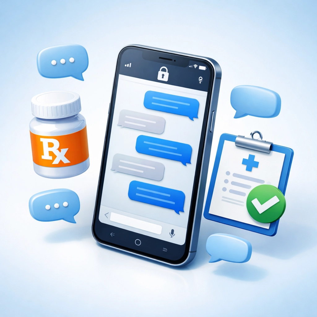 Secure medical chat on a smartphone showing 24/7 doctor access for online prescriptions and medical advice.