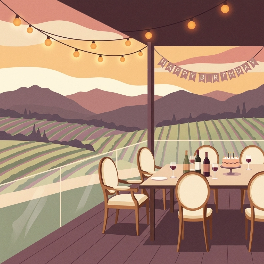 Mountain-top winery terrace at golden hour with vineyard views and festive outdoor seating, perfect for birthday gatherings.