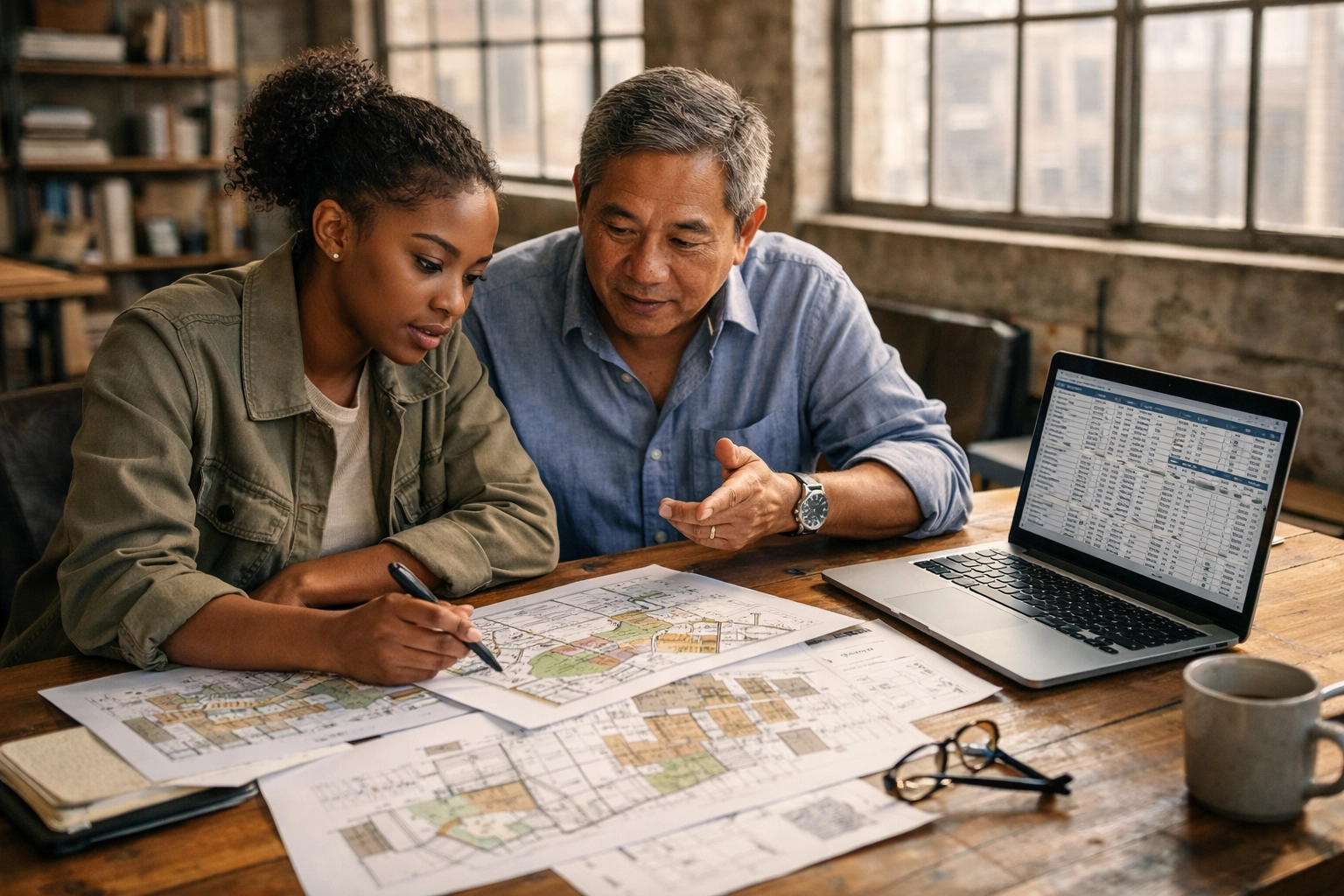 Restaurant consultant and entrepreneur reviewing market maps and financial spreadsheets for a feasibility study.