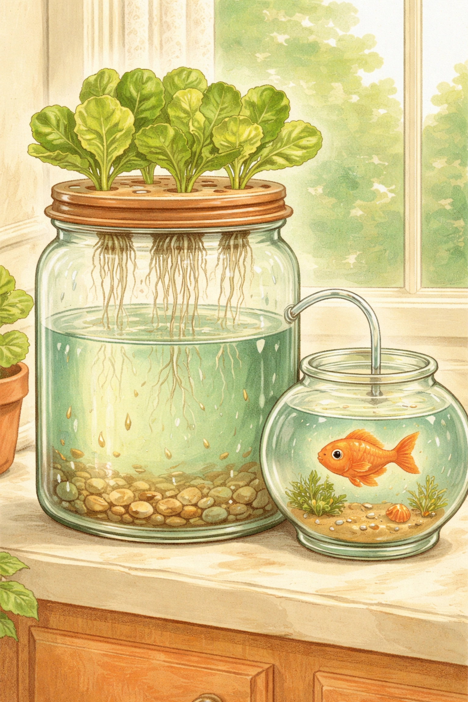 Storybook-style hydroponic jar cross-section with lettuce seedlings and goldfish, showing homemade nutrient use for plants.