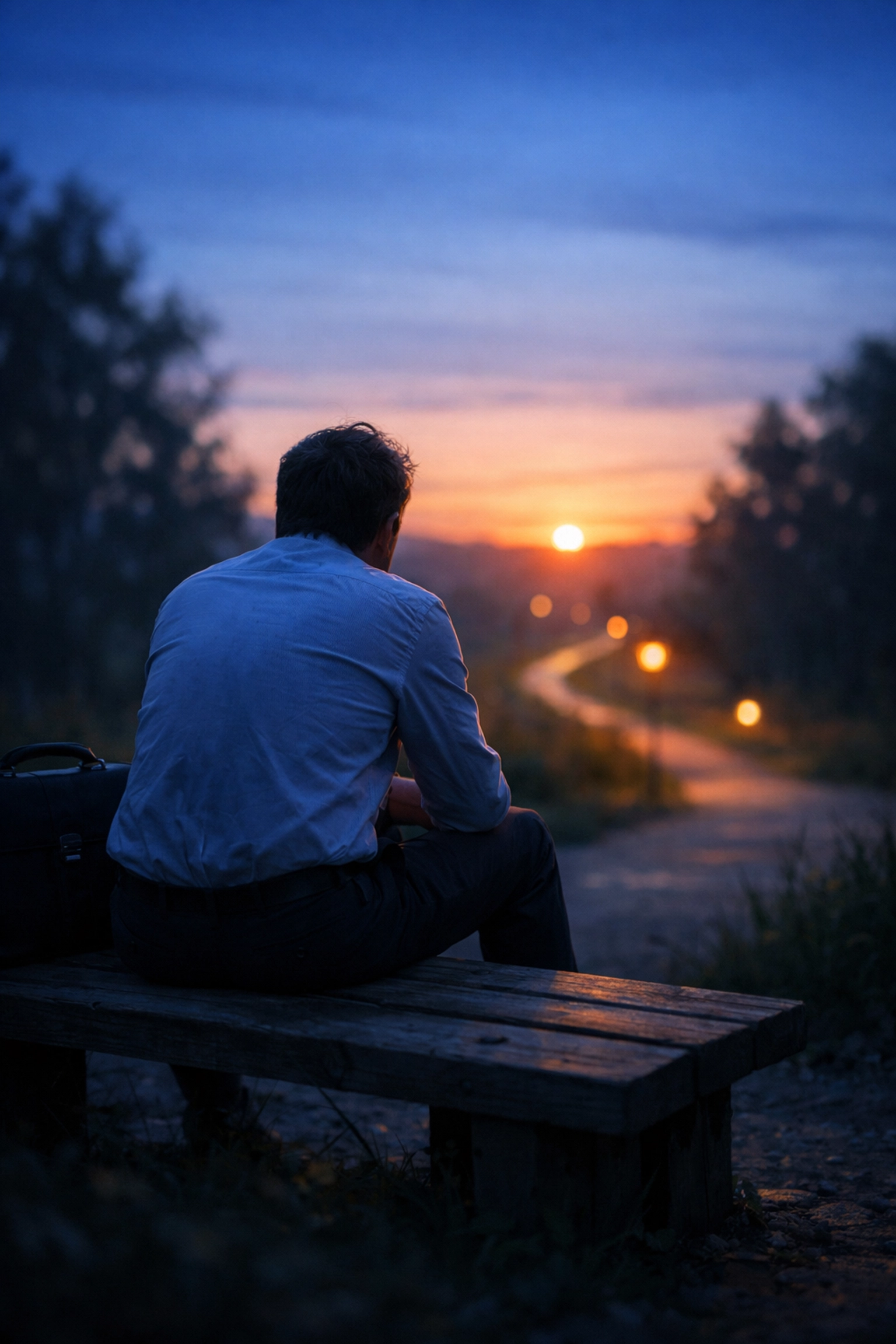 A professional resting on a bench looking toward a sunrise, representing hope and a journey toward mental restoration.