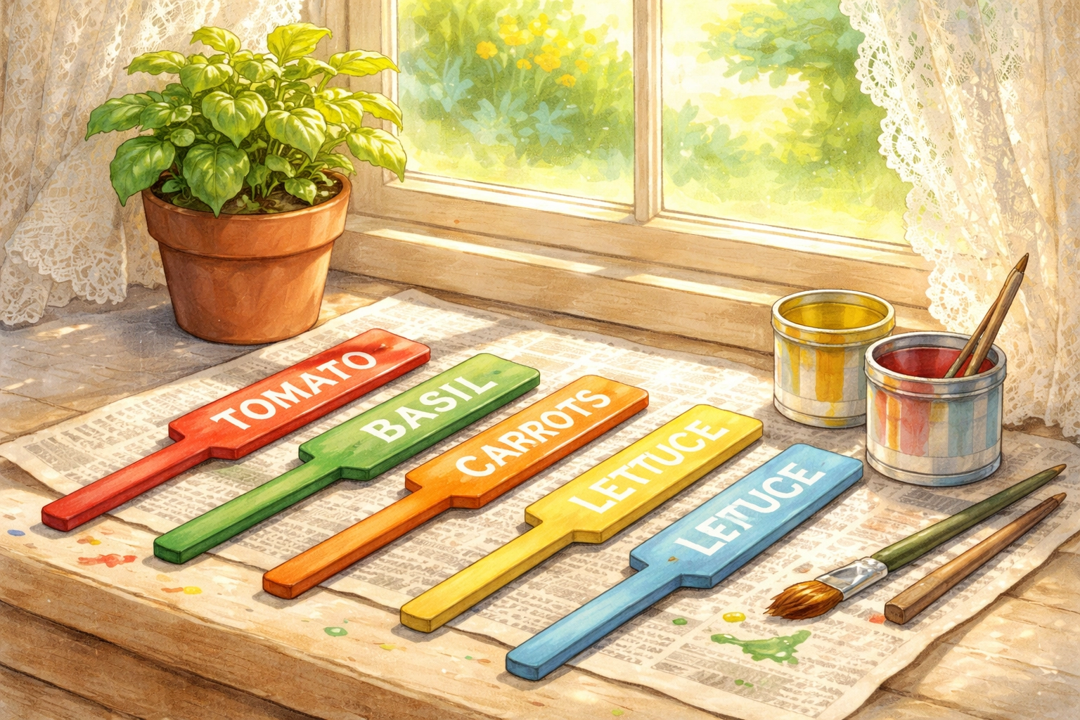 Freshly painted DIY garden markers drying on a sunny windowsill, ready for outdoor use