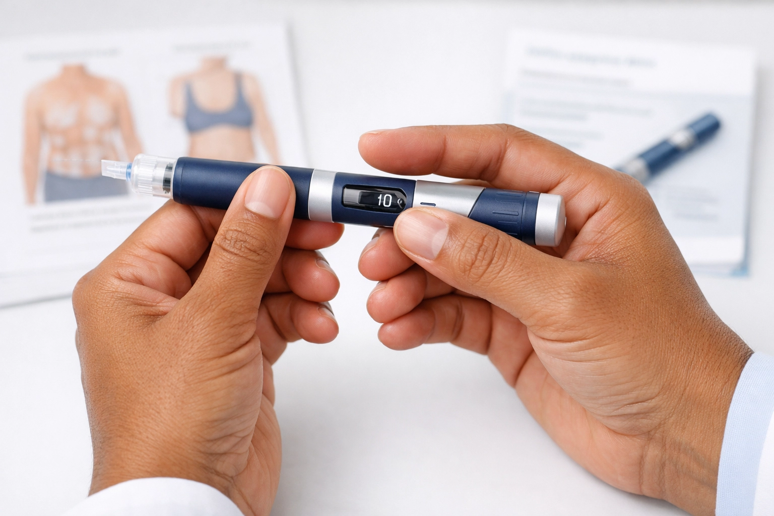 Healthcare provider demonstrating proper semaglutide injection pen technique for weekly use