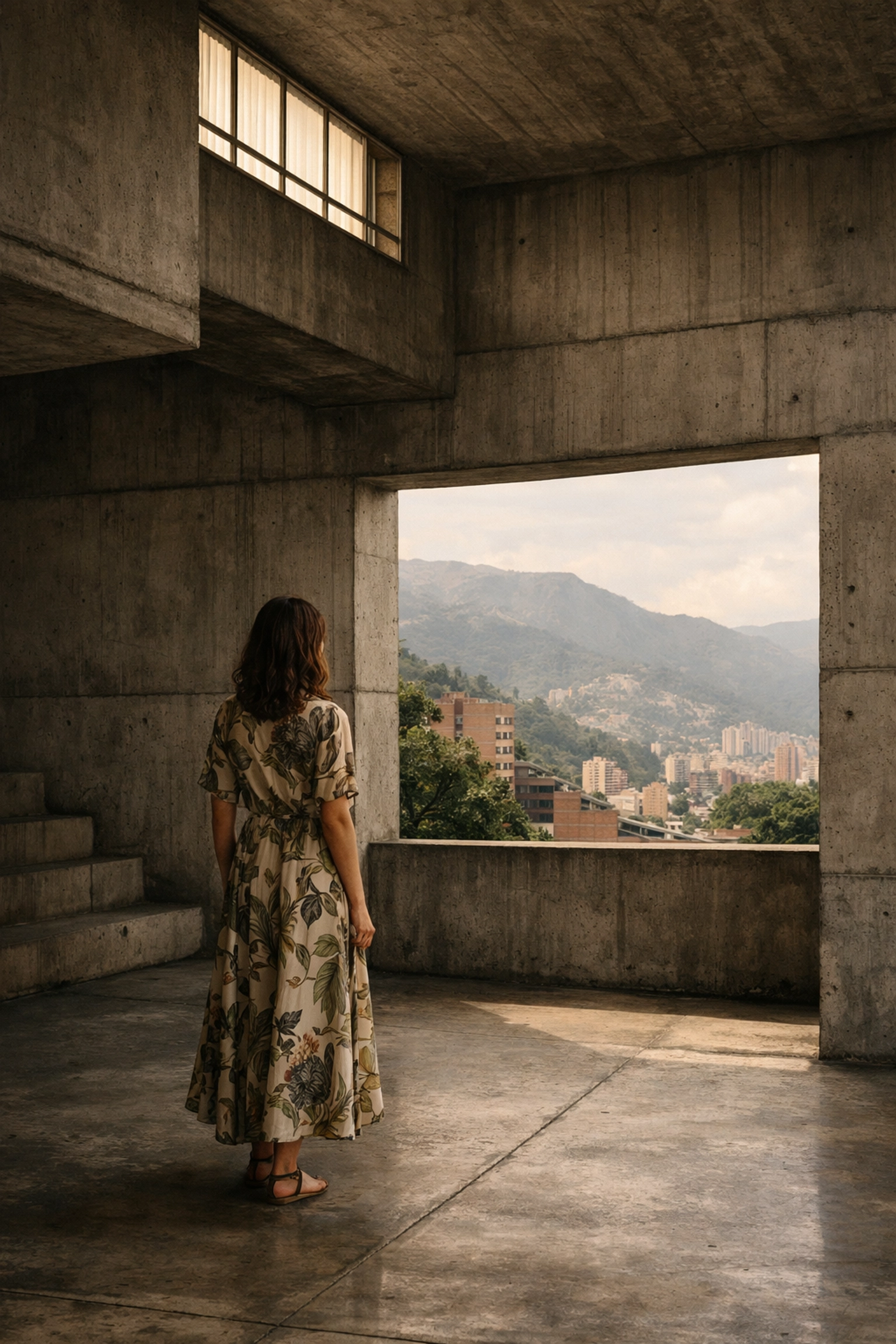 Christy Dawn sustainable fashion dress inside the MAMM (Medellín Museum of Modern Art) architectural space.