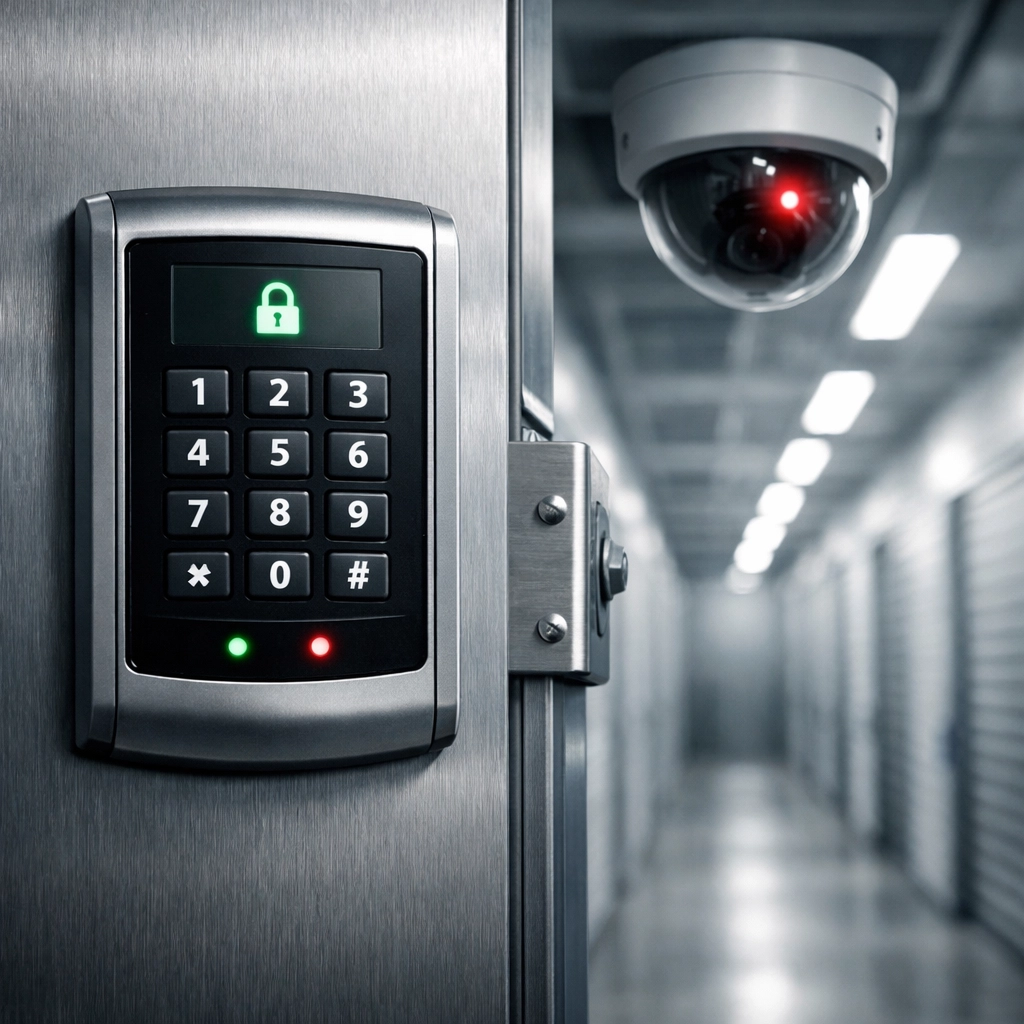 Secure Hertford storage unit with digital keypad access and CCTV surveillance system.