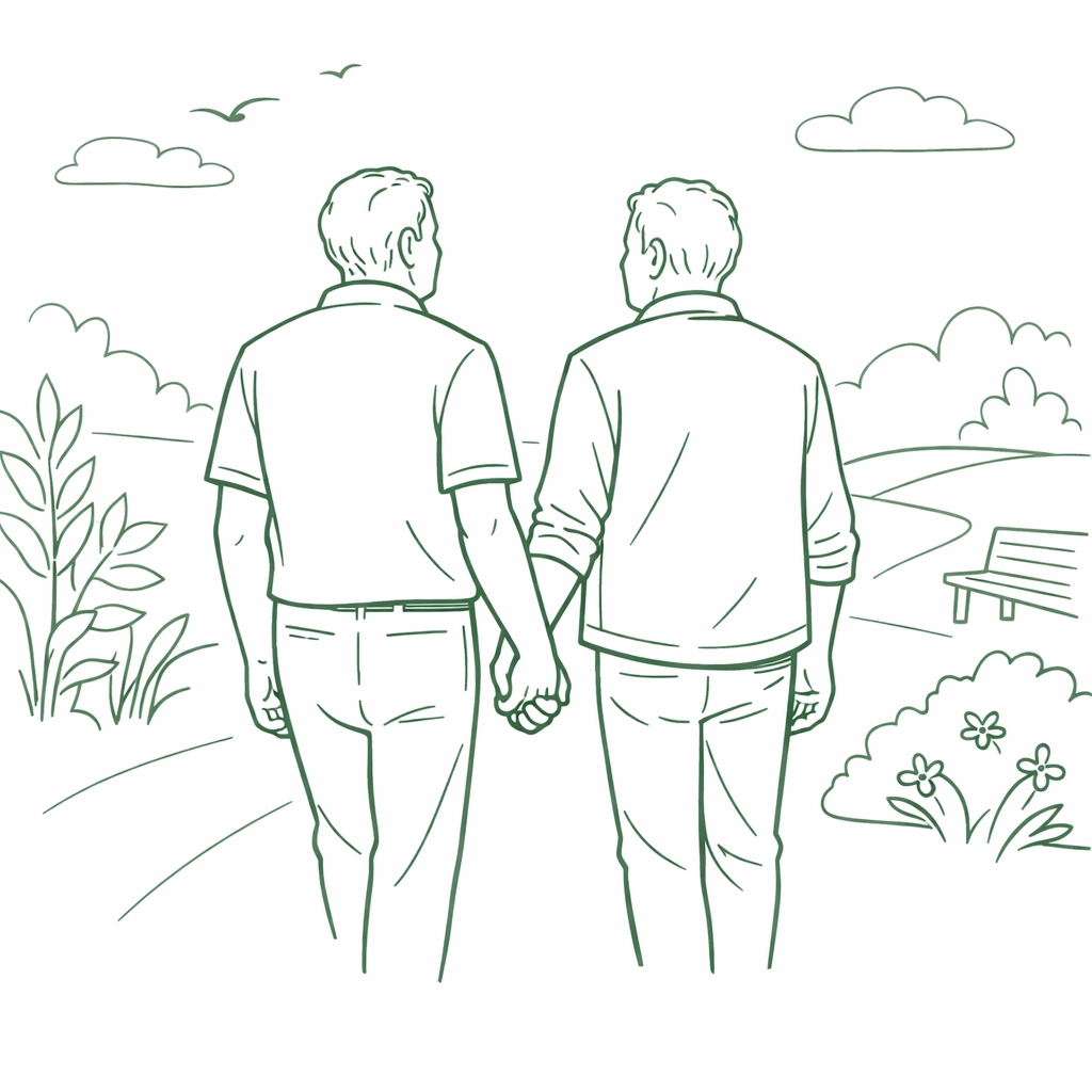Minimalist drawing of an older gay couple walking together, symbolizing courage and self-acceptance at any age.