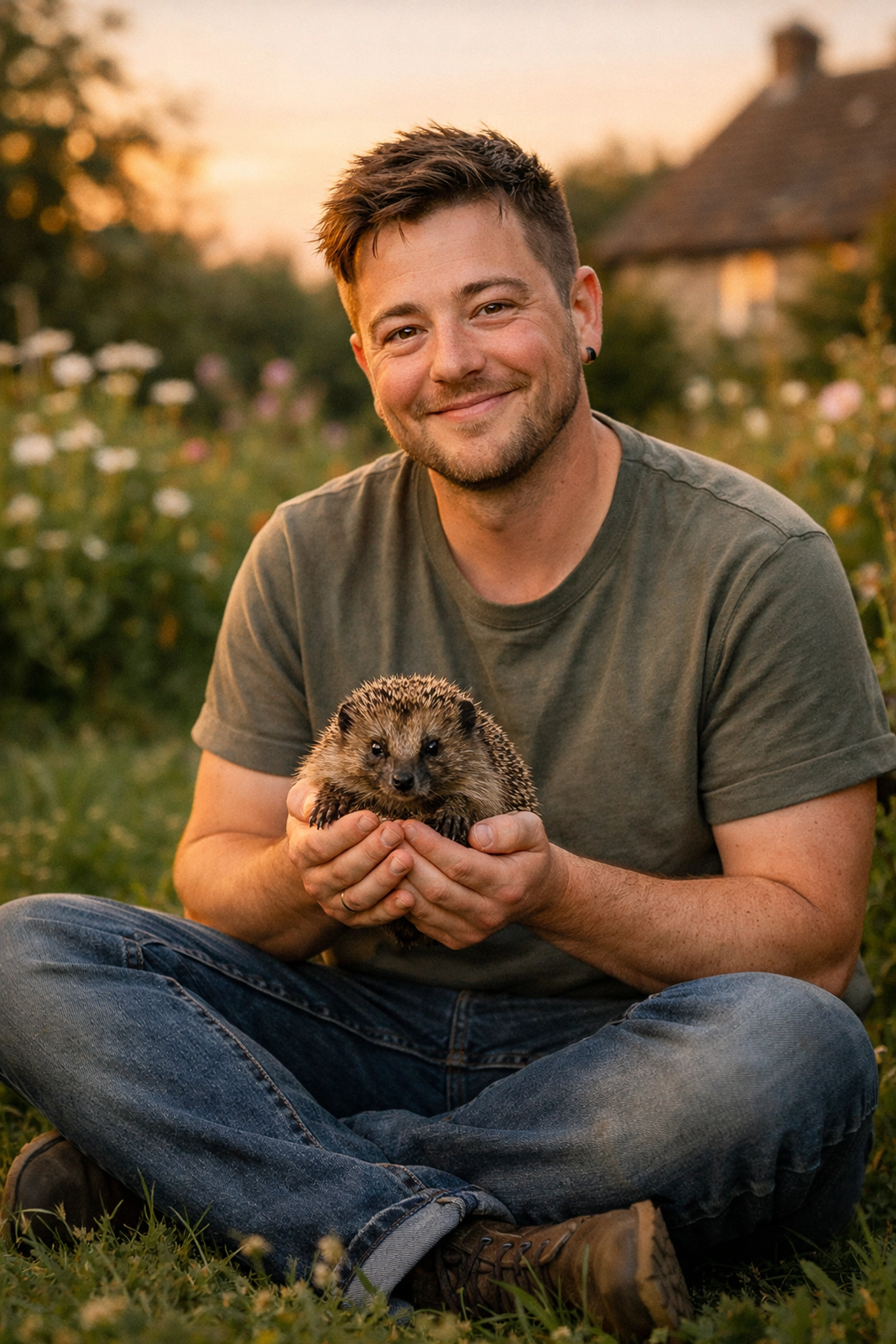Trans wildlife rescuer releasing rehabilitated hedgehog back to nature in Somerset garden