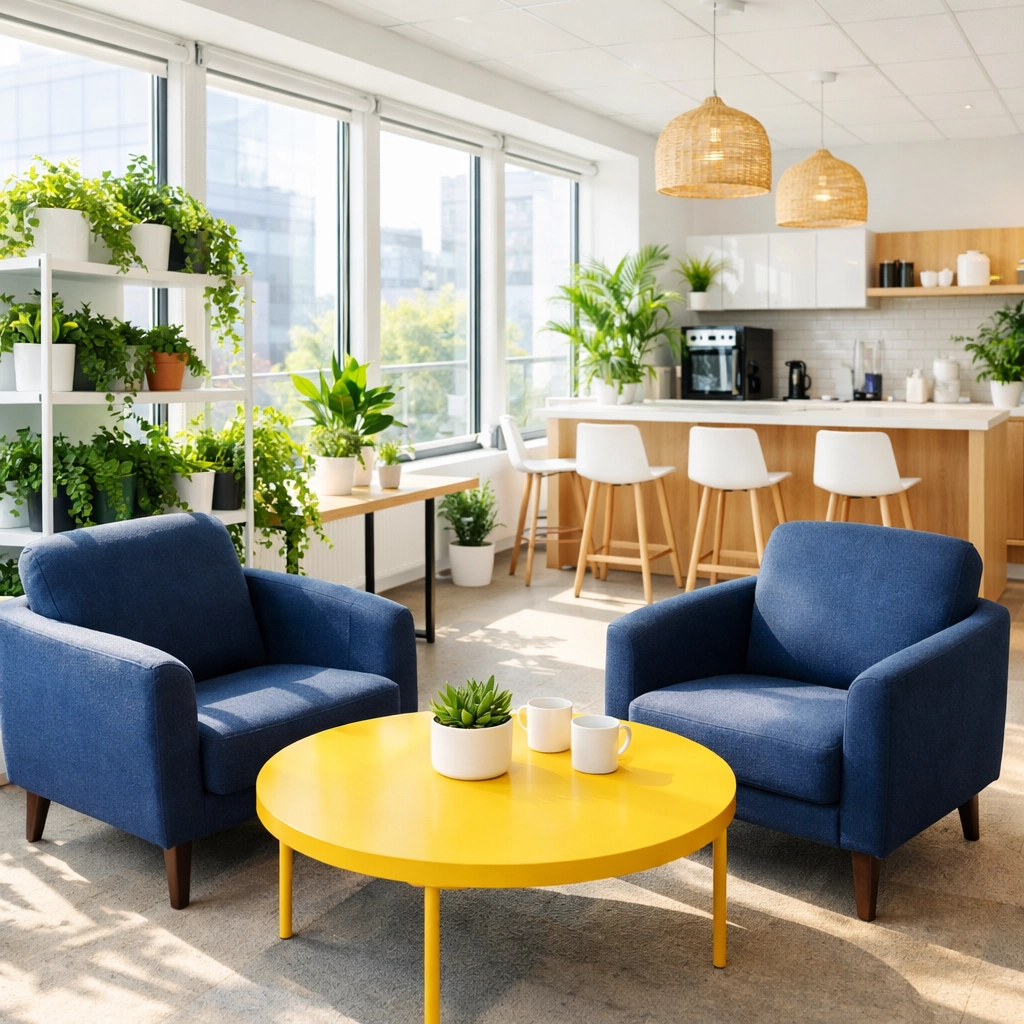 Bright and healthy office lounge in Quincy showing eco-friendly cleaning results in a modern breakroom.