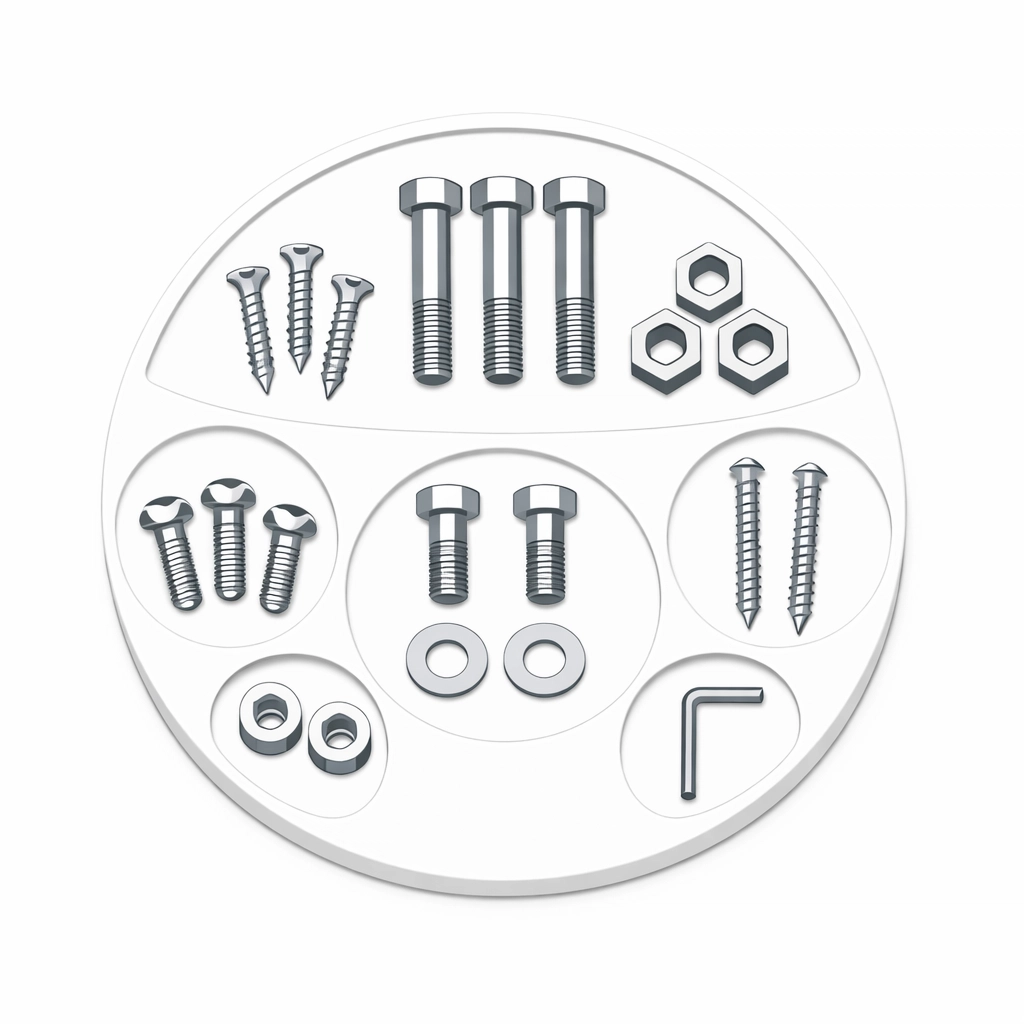 Organized furniture hardware and Allen key in a tray for efficient DIY assembly