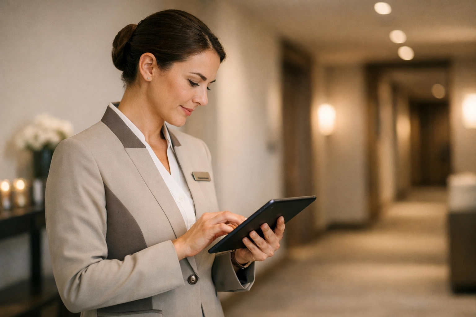 Hotel staff member using a mobile tablet to manage automated guest requests and operational tasks.