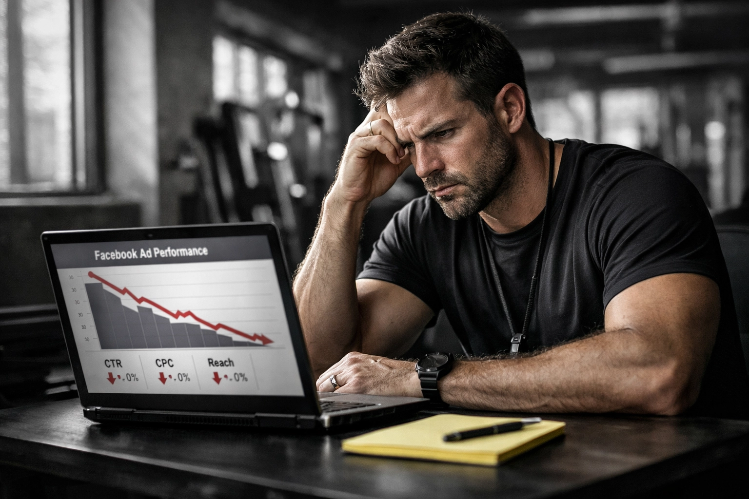 Personal trainer reviewing declining Facebook ad performance showing why paid ads fail in 2026