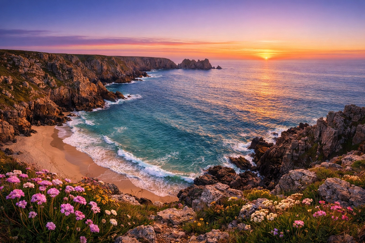 Scenic Cornwall coastline with turquoise ocean and cliffs, an ideal location for a scattering ashes ceremony.