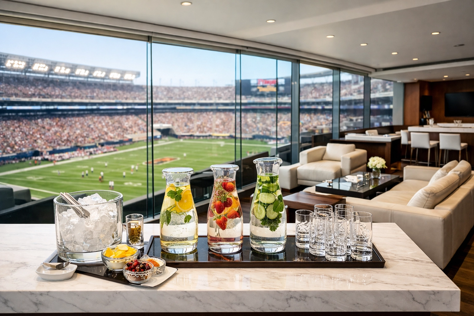 Luxury stadium suite interior with a wellness station for Super Bowl corporate hospitality hosting.