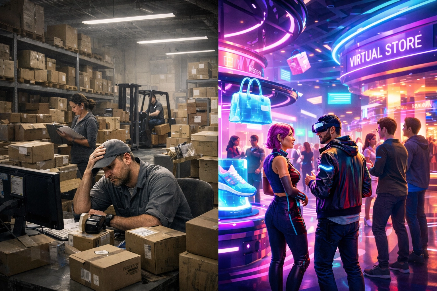 Traditional e-commerce warehouse versus vibrant metaverse shopping plaza showing commerce evolution