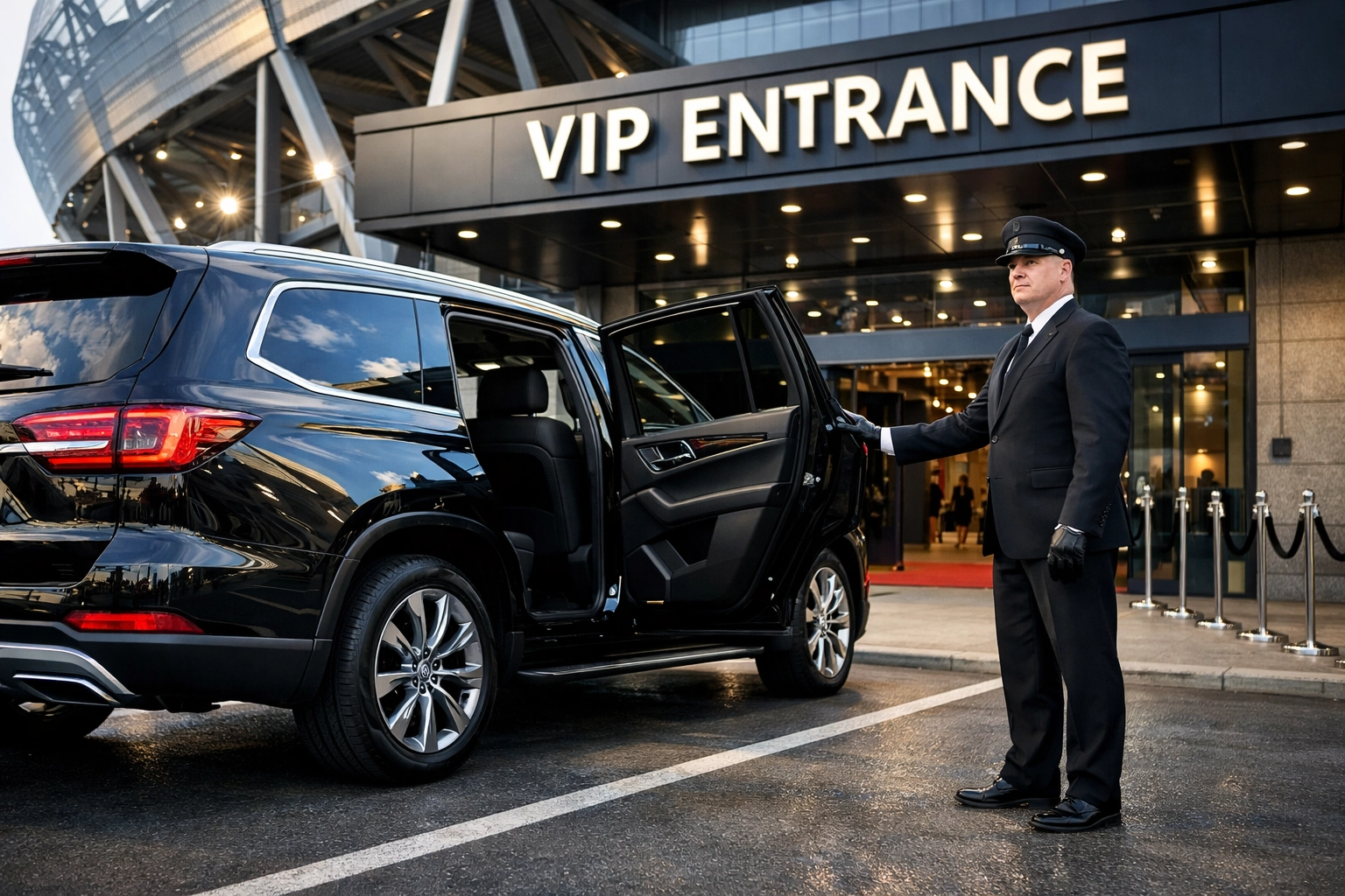Executive SUV transport arriving at a VIP stadium entrance for Super Bowl corporate travel management.