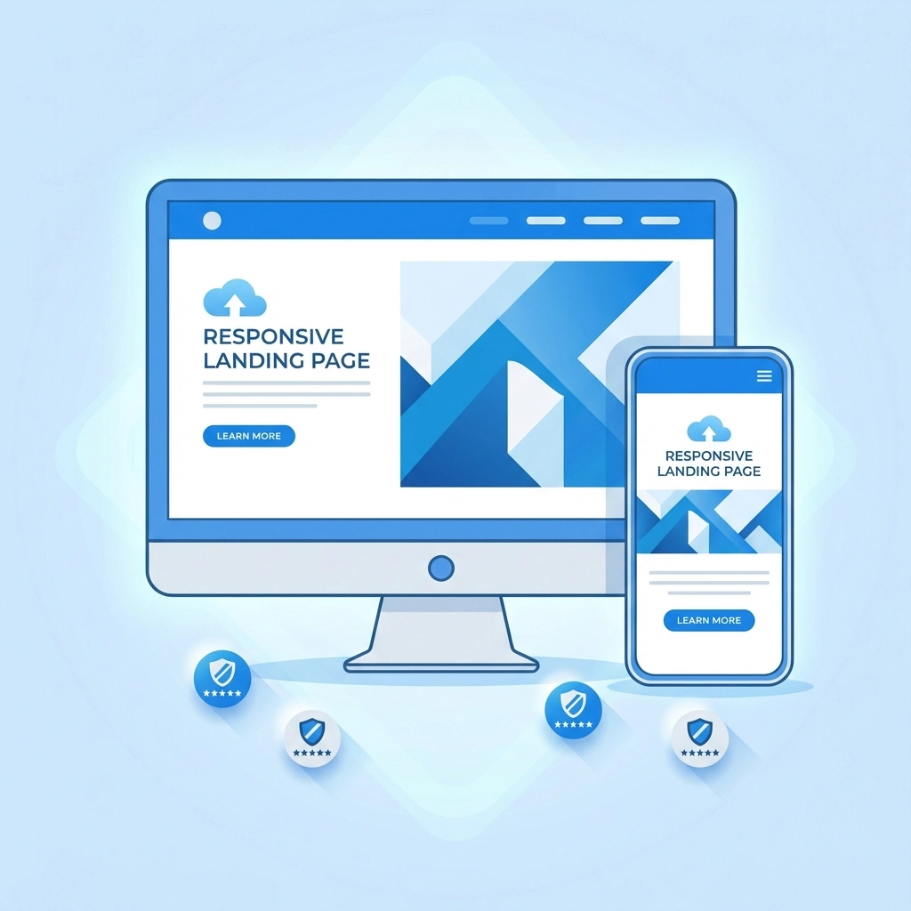 Responsive landing page display on mobile and desktop devices, with trust signals and ratings for credibility