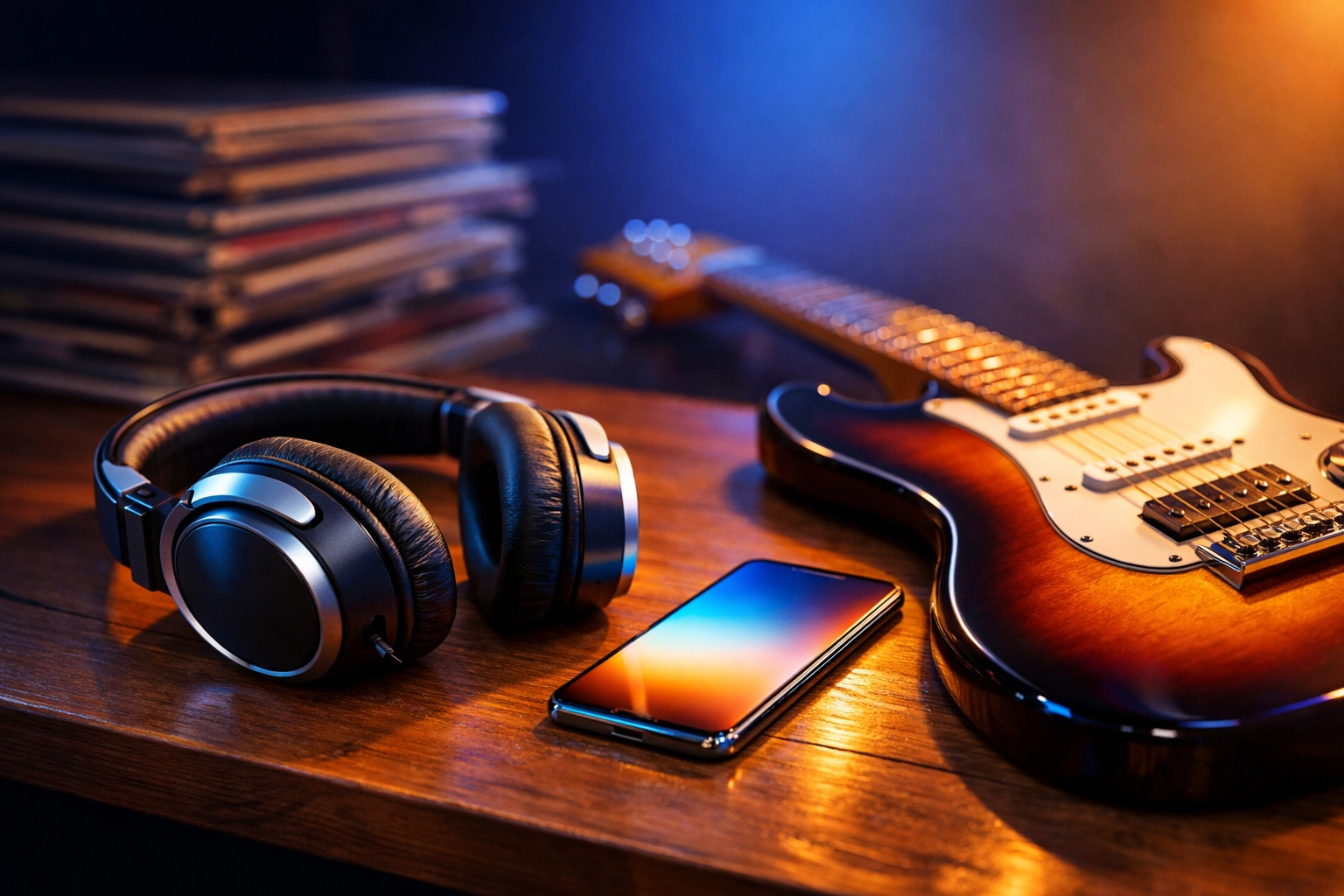 Headphones and electric guitar on a table representing the latest New Music Friday releases.