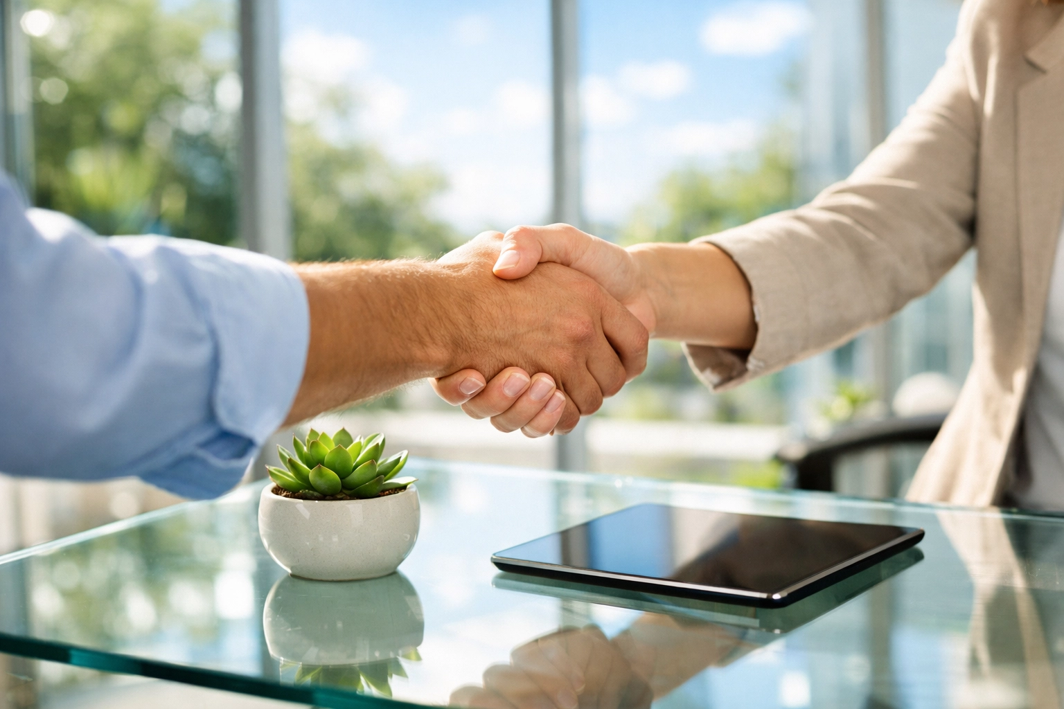Business owner and tax professional shaking hands in a bright office during a tax consultation.