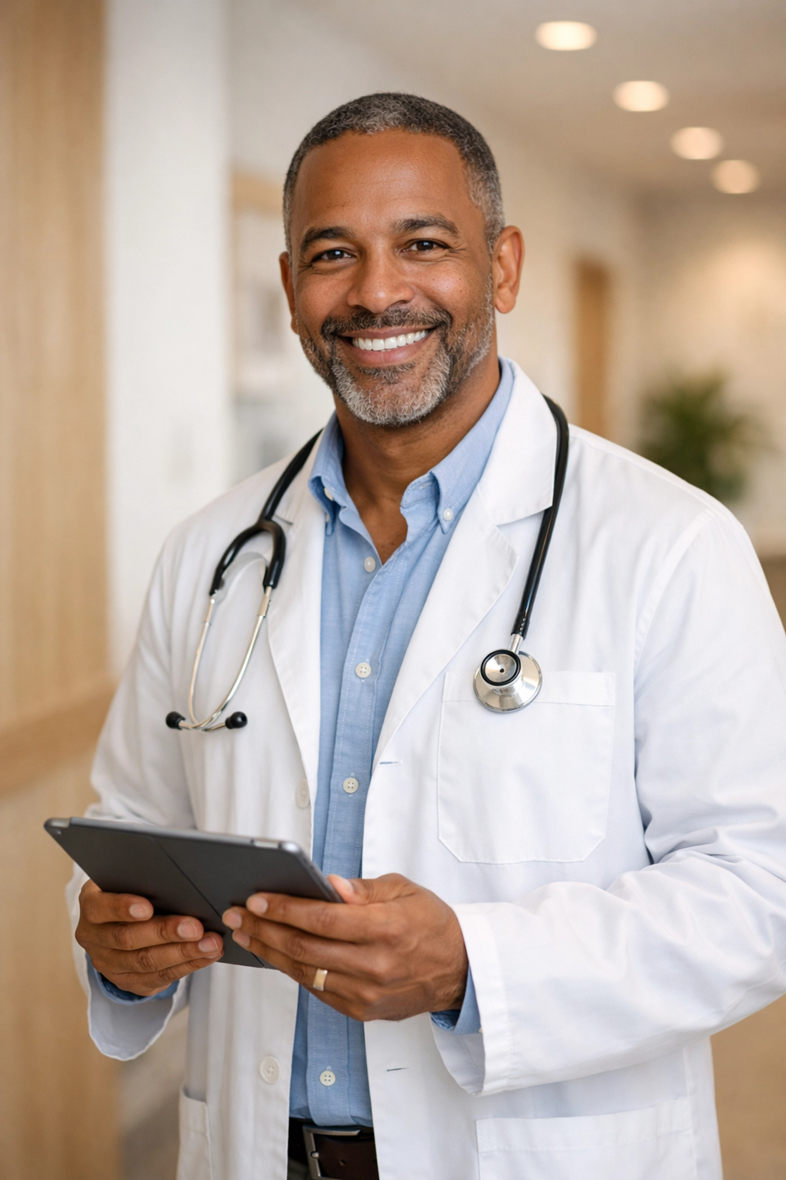 Friendly medical provider reviewing clinical eligibility for weight loss treatment in a modern healthcare setting.