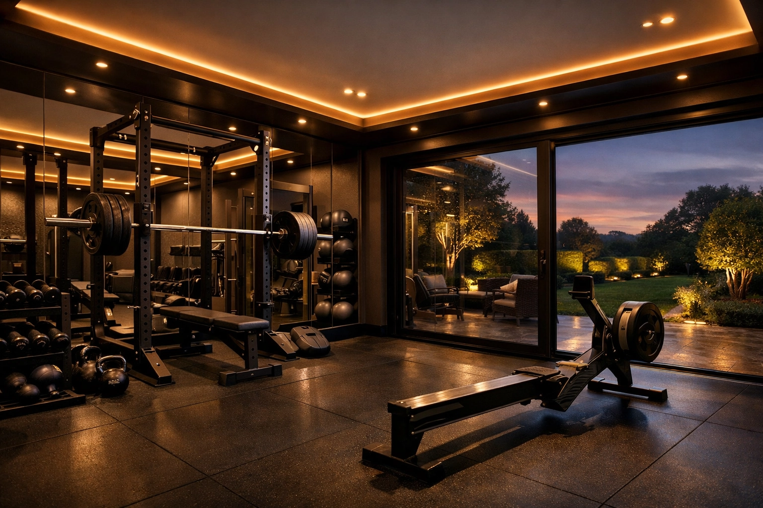 Bespoke home gym garage conversion in West Sussex featuring professional equipment and garden access.