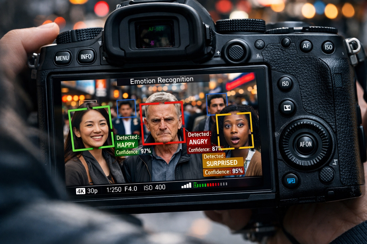 Mirrorless camera screen showing AI face tracking and emotion overlays in a city for Today's Photography & Videography News.