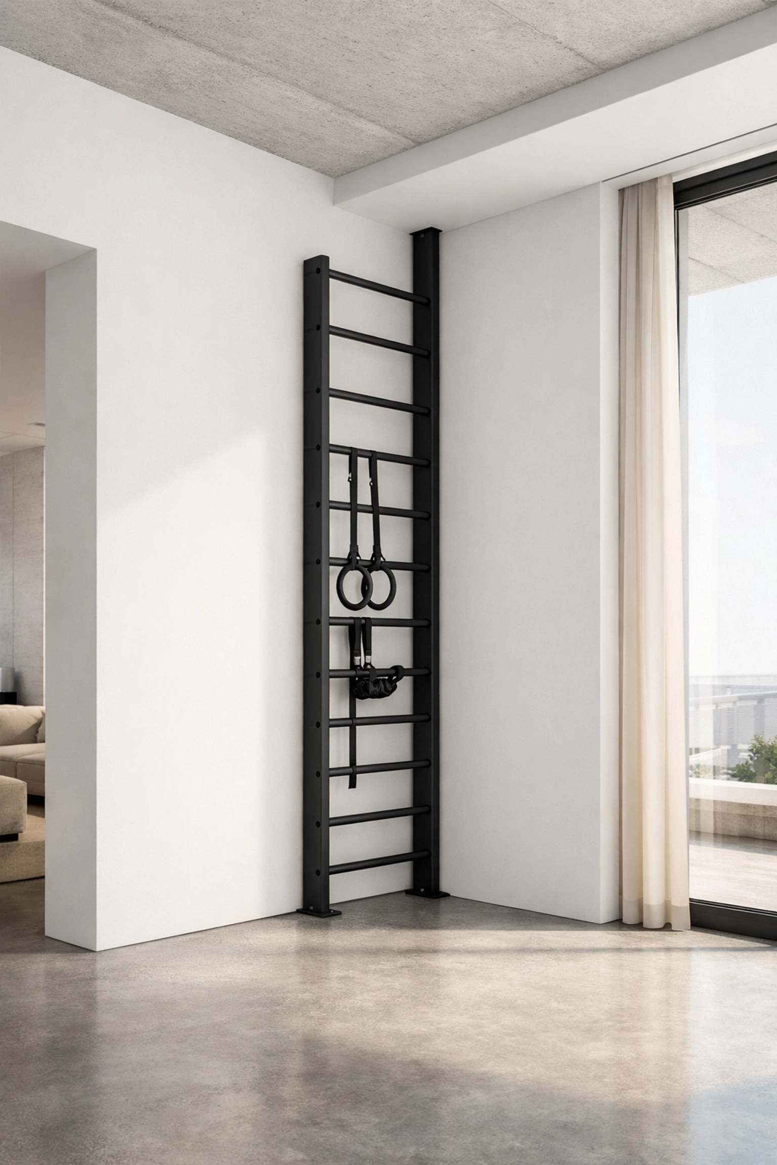 Matte black floor to ceiling gym rail installed in a minimalist apartment corner without wall damage.
