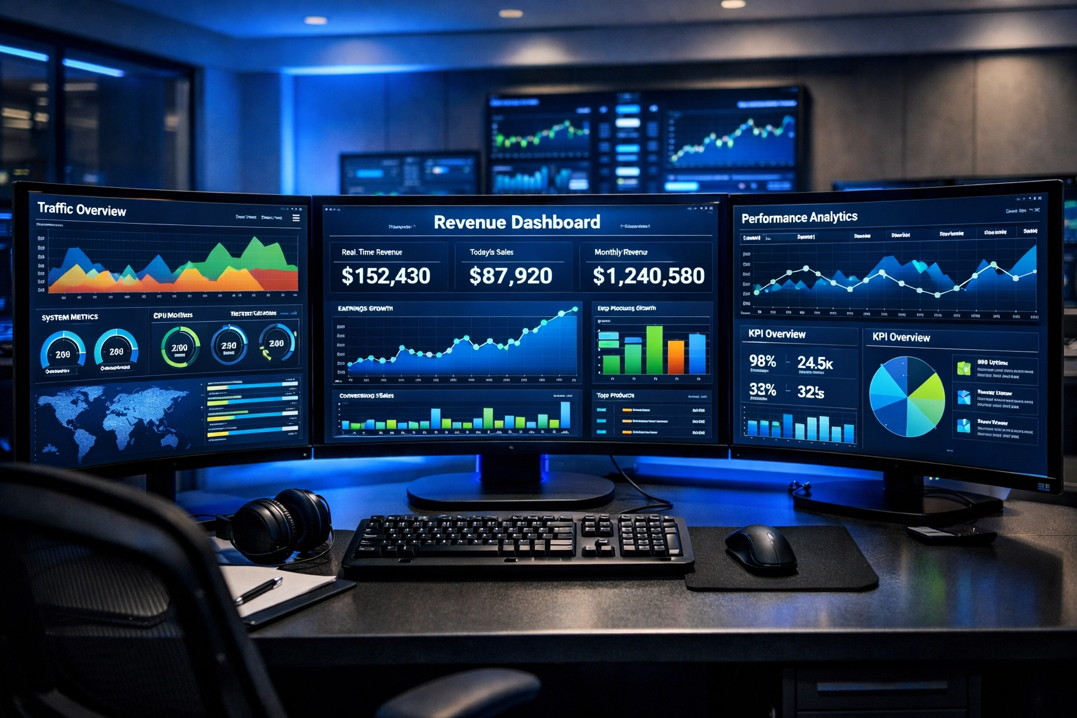 Data analytics command center showing real-time performance dashboards and revenue tracking metrics